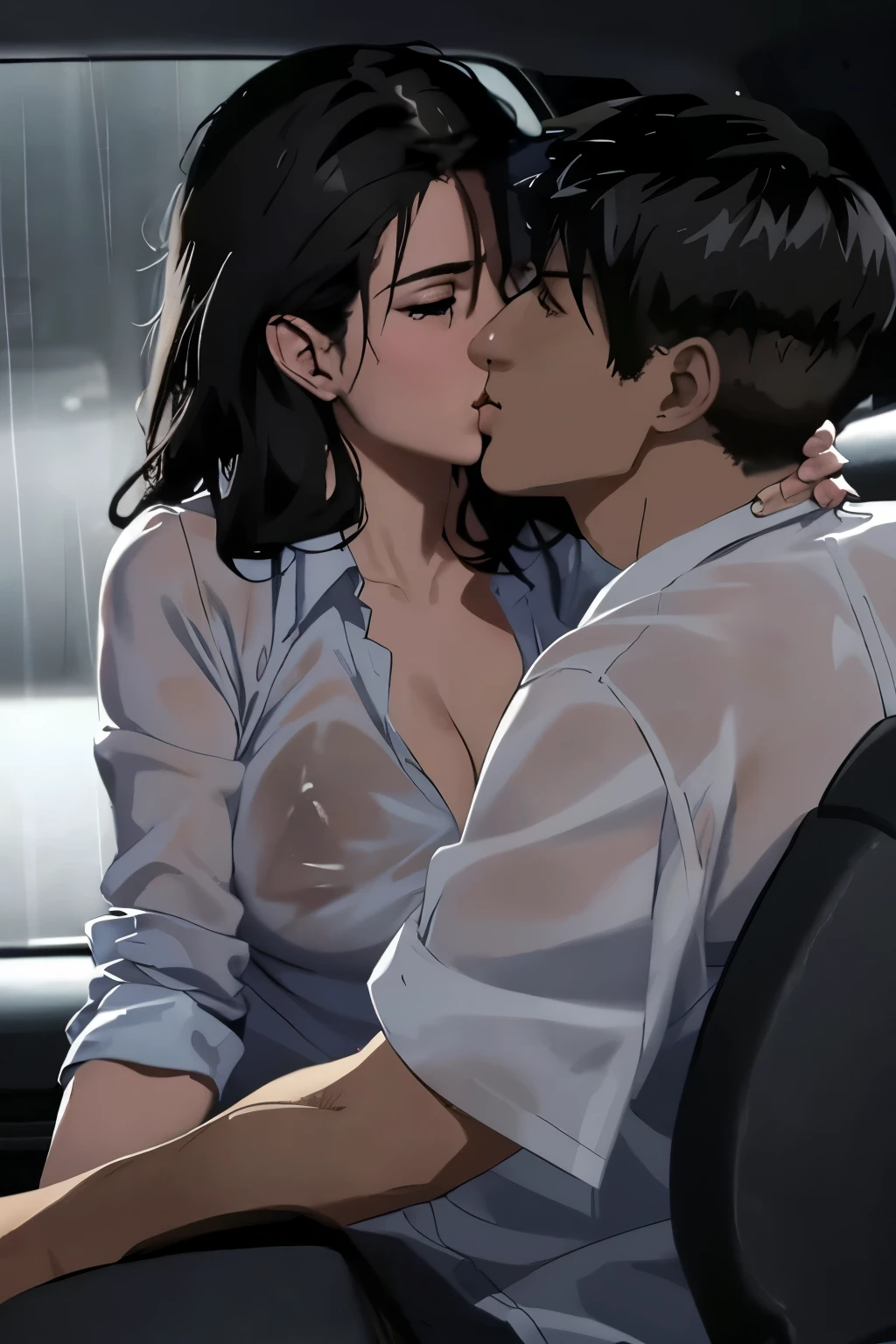 Shirtless boy kissing and passionately making out with sexy woman sitting inside a car, tinted windows, partially unbuttoned black shirt, seductive look, sultry pose, so sexy, raining outside, foggy windows