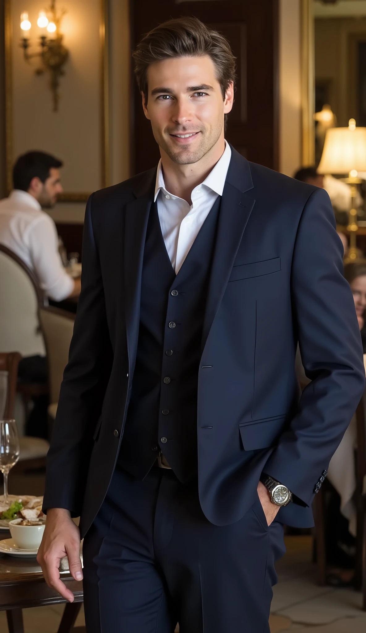 a young, handsome man, about 30 years old, brown hair, brown eyes, masculine, wearing a navy blue suit, smiling, standing in a restaurant