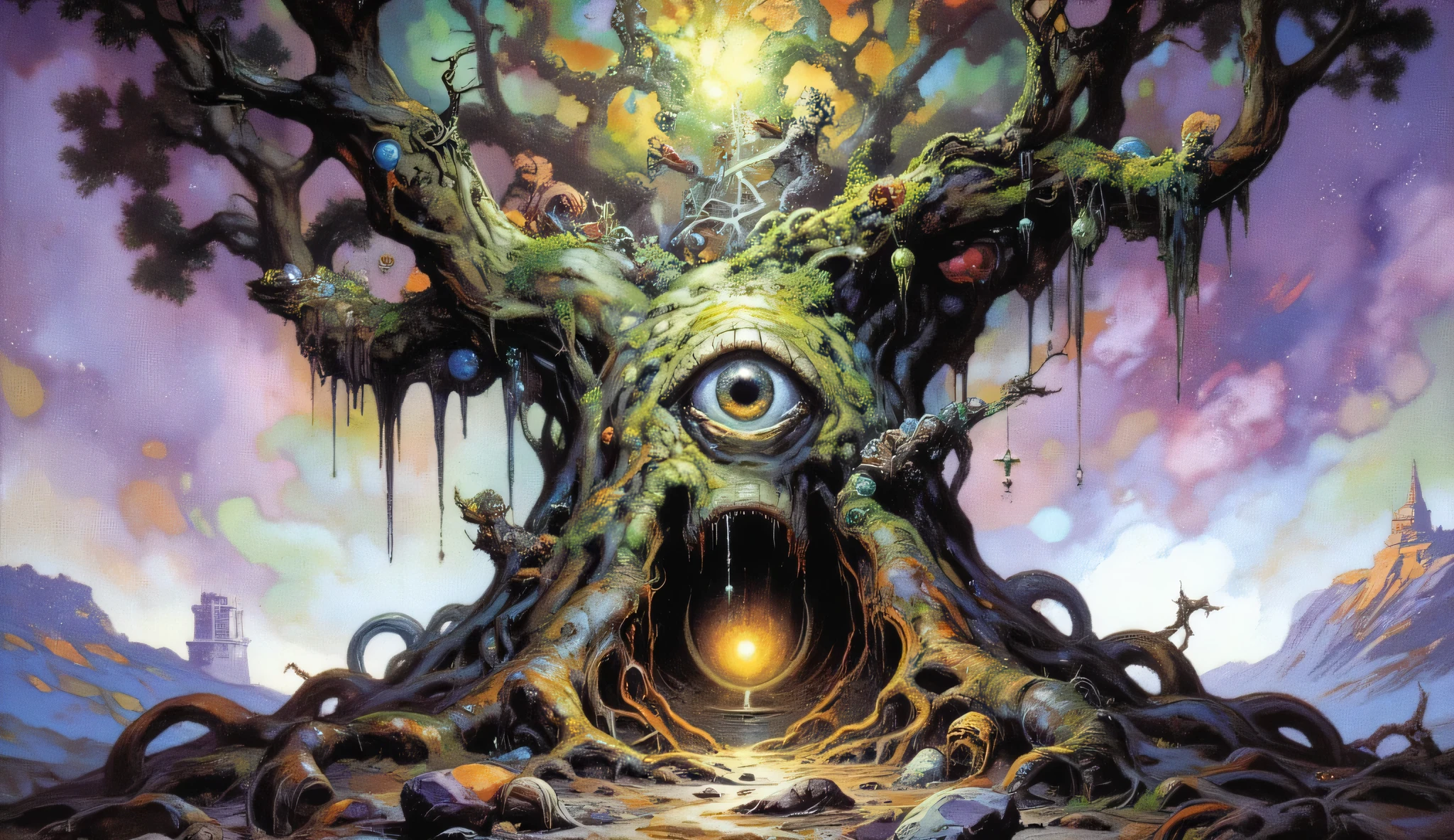 A colossal, ancient tree resembling Yggdrasil, with a massive, gnarled trunk standing in a surreal landscape. A giant, conscious eye is embedded deep within the bark, gazing with an eerie awareness. Glowing runic stones dangle from its sprawling branches, pulsating with arcane energy. Its roots twist and coil like serpents, sprawling across the ground, radiating raw mystical power. Above, the sky explodes into an ethereal alchemical storm, swirling with vibrant watercolor hues of purple, teal, and fiery gold. The scene is imbued with chaotic energy, as if the forces of nature and magic are colliding. Painted in a pulp fantasy style reminiscent of Frank Frazetta, with dramatic lighting, bold contrasts, and a mystical, otherworldly atmosphere. --ar 16:9