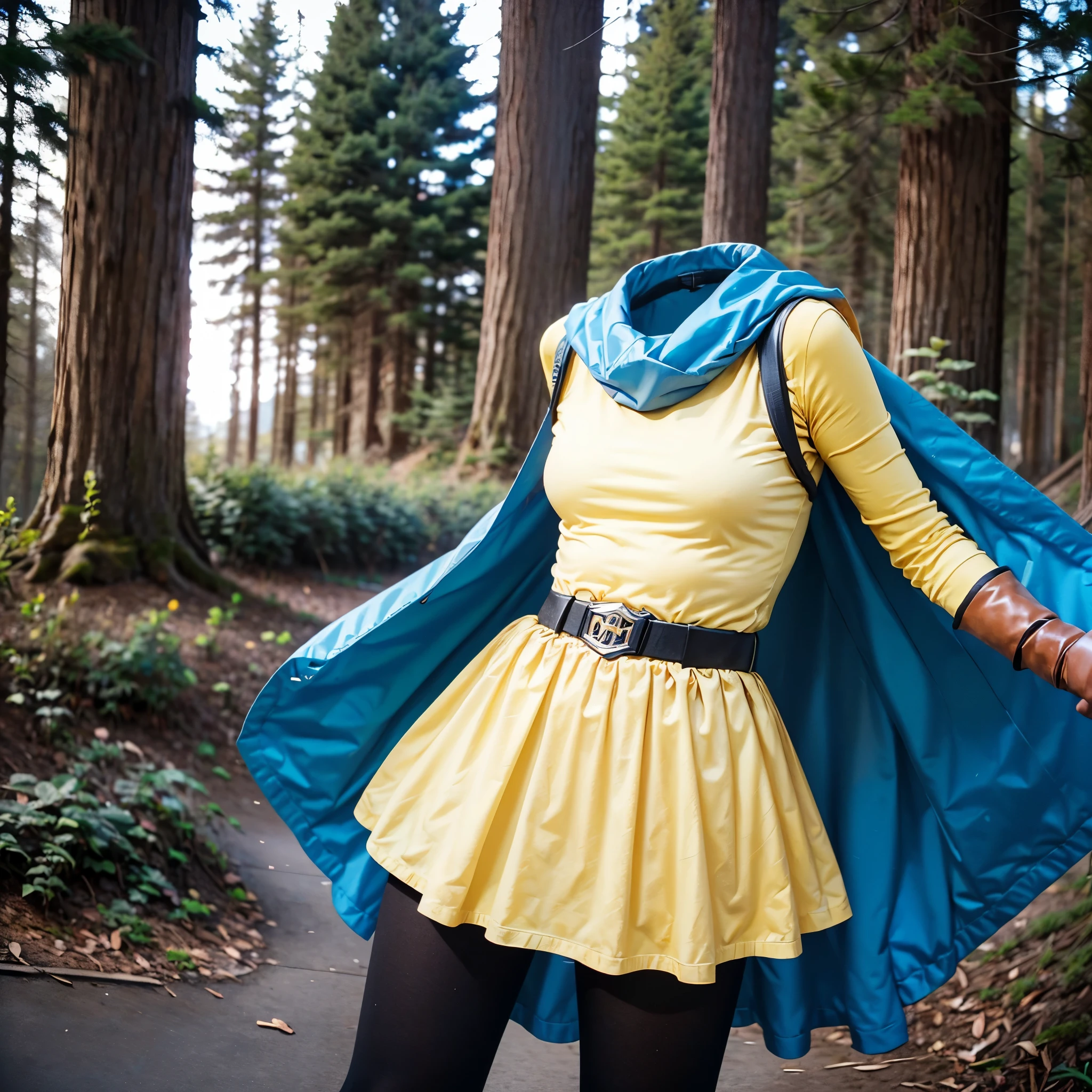 (8k, RAW photo, best quality, masterpiece:1.2), (realistic, photo-realistic:1.37), photon mapping, radiosity, ((Hasselblad photography)), physically-based rendering, (invisible, no humans, headless, faceless:1.5), yellow dress, cape, pantyhose, gloves, belt, black pantyhose,blue cape,boots,sleeveless,yellow dress,yellow skirt, dq4-alena, (close-up shot of breast), in forest, black sleeve
