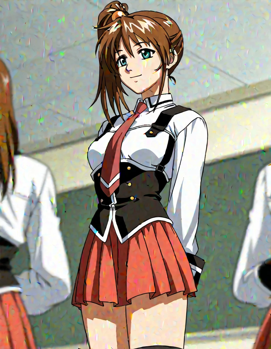 1 , alone, Imari Kurumi, brown hair, side ponytail , hair ornament, green eyes, smile, BB_ uniforms, school uniform, , white shirt, sleeve cuffs, red tie , pleated skirt, red skirt, black thighs, standing, Countering , hands behind your back, depth of field , classroom, light theme, is, anime coloring