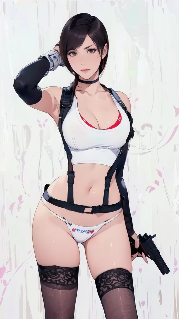 young girl, short black hair, violet eyes, smirk, full body, high quality, 4k, HD, Good detailed, athlete, solo, detailed skin texture, Choker, Nice legs, bra, black stockings with Suspenders, padded Crop Top, big natural breast, narrow waist, she feels hot, bedroom