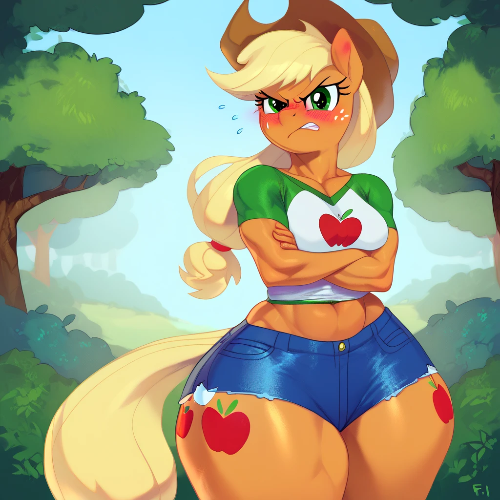 score_9, score_8_up, score_7_up, score_6_up, score_5_up, score_4_up, source_cartoon, rating_suggestive, (anthro applejack), denim shorts, white shirt, cowbow hat, nipple bulge, masterpiece, detailed soft lighting, outdoors, <lora:SaymanXL:0.8>