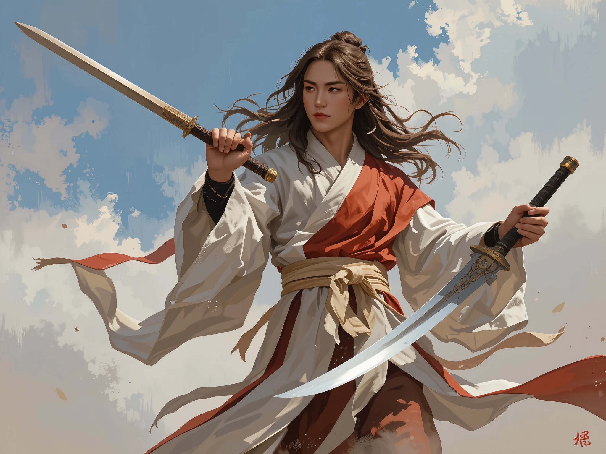 "A lone wanderer with a sword in one hand and poetry in the other, Li Bai refuses to be bound by fate. He shuns the allure of power, choosing instead to walk his own path beneath the endless sky. His light brown hair flows in the wind, his white and red robes marking him as a traveler between worlds—both a poet and a warrior. ‘Life is fleeting,’ he muses, sipping from his wine gourd. ‘So drink, write poetry, and dance with the sword as if the world itself is but a stage for a free soul.’ With that, he vanishes into the mist, leaving behind only the echo of his laughter and the whisper of his poetry upon the wind."