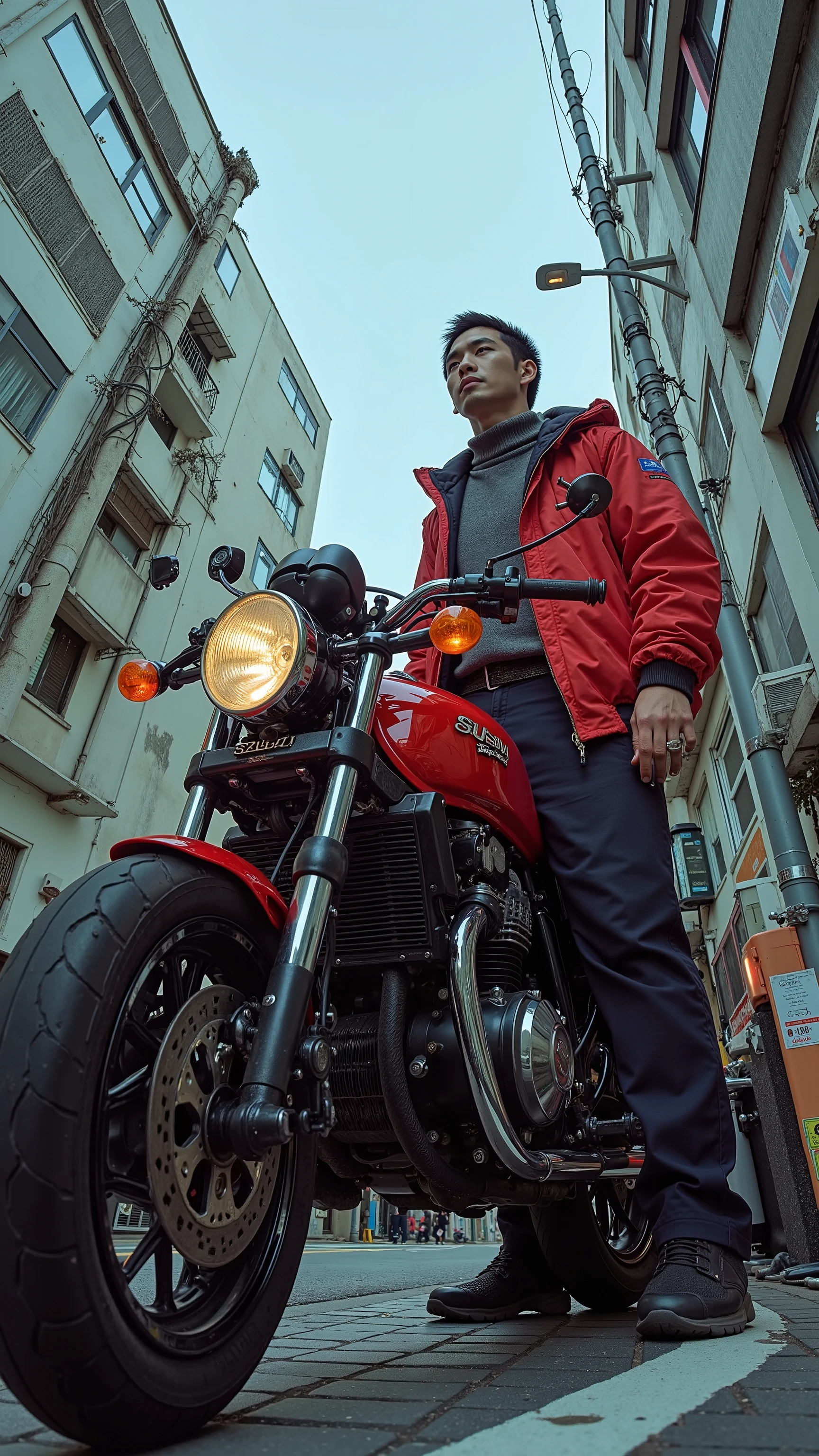 taken from below、 Fisheye 、There is a man standing beside a motorbike wearing a red jacket, Akira Bike , Akira Moto, Akira's motorcycle , Futuristic Suzuki, Toriyama Akira , Inspired by Yoneyama Okada , Sitting on a motorcycle, 90s japan, Chiba Yudai、 dynamic composition、