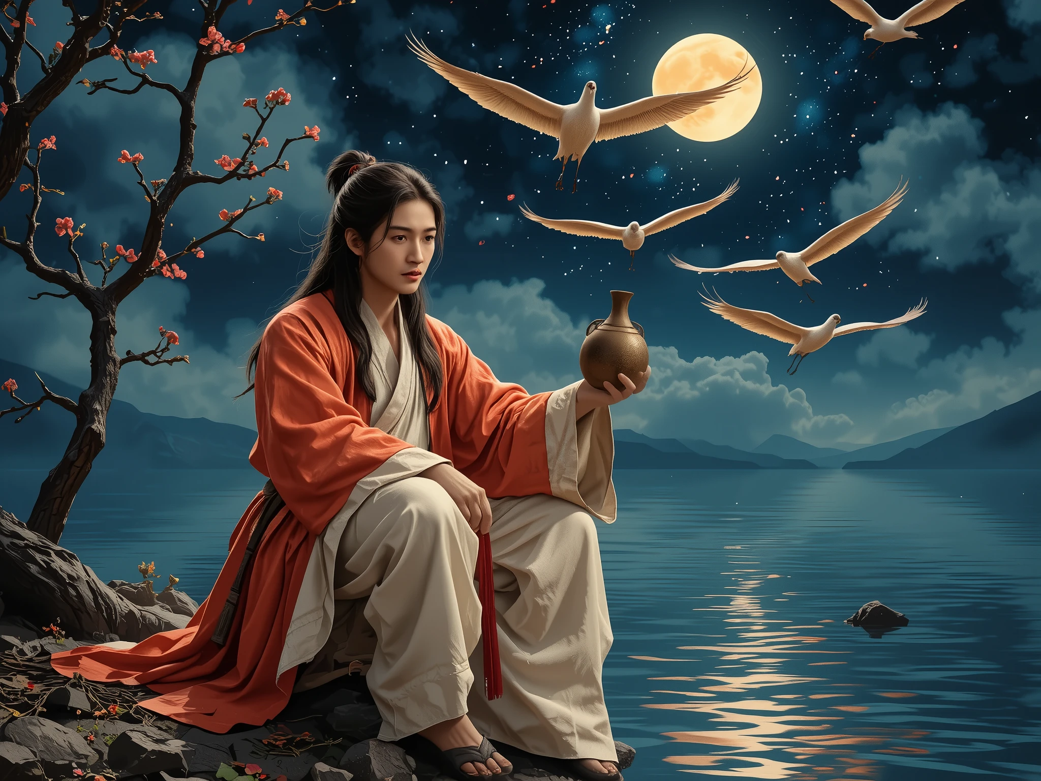 Under the gentle glow of the full moon, Li Bai sits on the edge of a tranquil lake, his reflection shimmering upon the water’s surface. He lifts his bronze wine gourd, savoring the taste of freedom with every sip. His light brown hair falls loosely over his shoulders, framing his serene yet thoughtful expression. Dressed in his flowing white and red robe, he looks like a wandering sage lost in a dream. As the wind rustles the trees, he hums a quiet verse to himself, a poem written not on paper, but in the rhythm of his heart. Overhead, a flock of cranes flies across the starlit sky, mirroring the restless wanderer’s soul