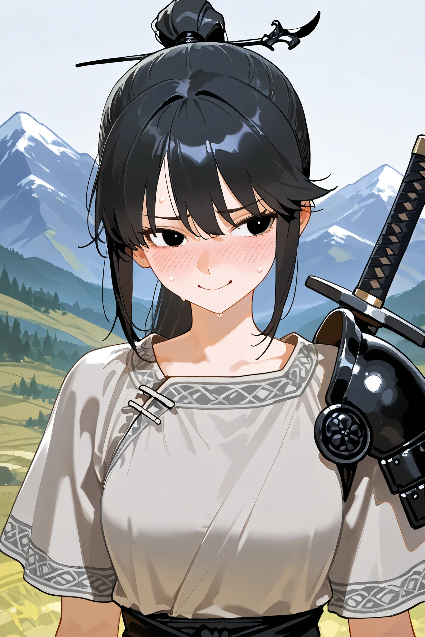 best quality, masterpiece,highest resolution, 1girl, solo, black hair, long ponytail, black eyes, Embarrassed_face, side gaze, (sweat : 0.7),  linen tunic, mountain background, holding black textile, smile, avoiding gaze, shoulder armor, sword