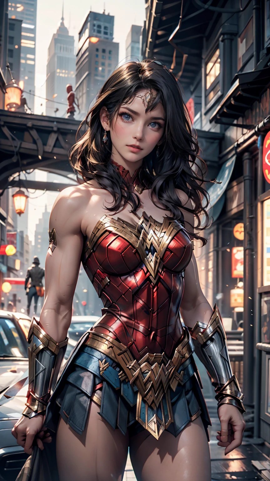 18-year-old girl, Wonder Woman Suit, Short Curly Hair, Blonde, Beautiful Face, rain, roof, masterpiece, Exquisite detail, Perfect Anatomy, Combat Stance