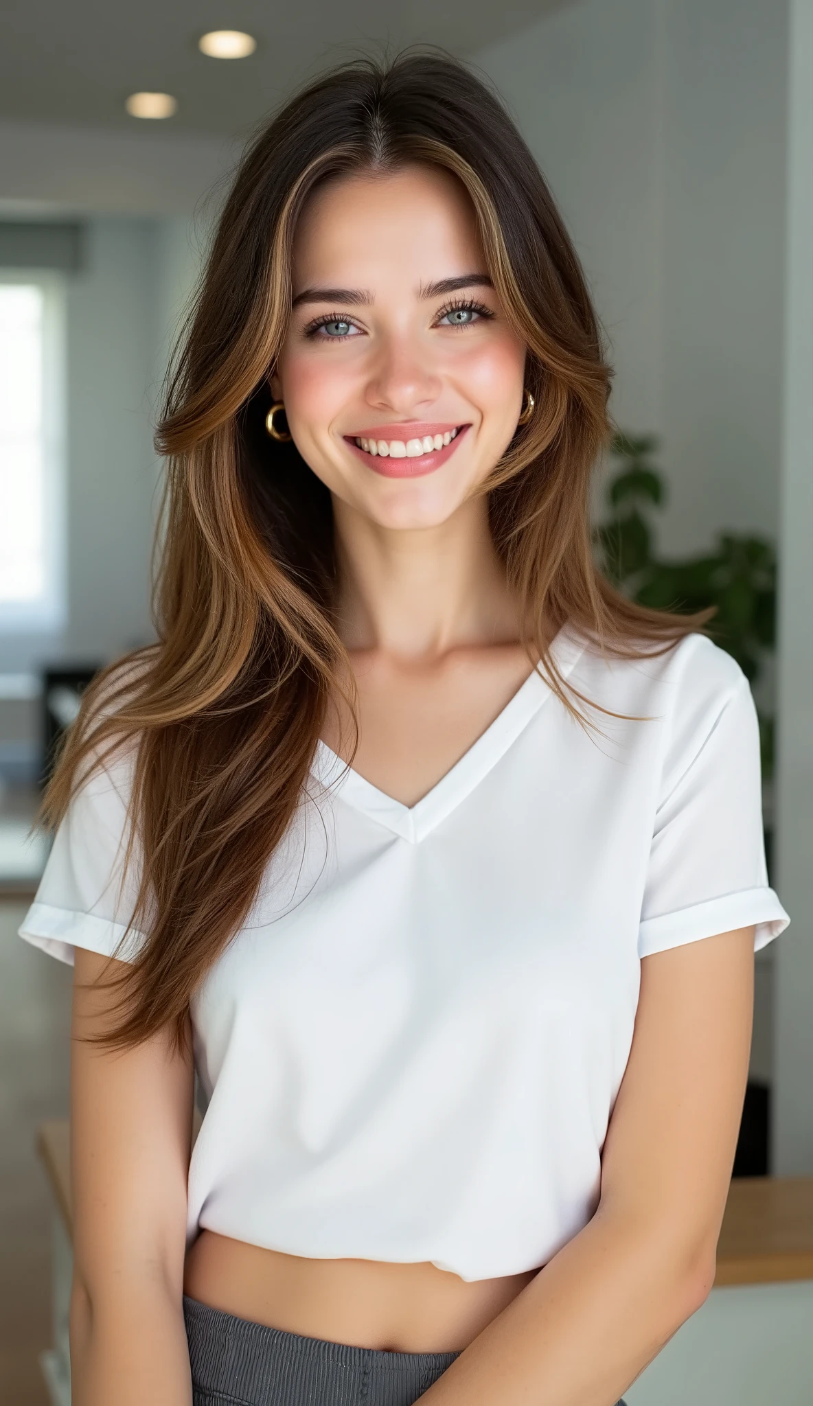 an attractive female assistant about 24 years old, blue eyes, brown hair, bright smile, short-sleeved white shirt, skirt.