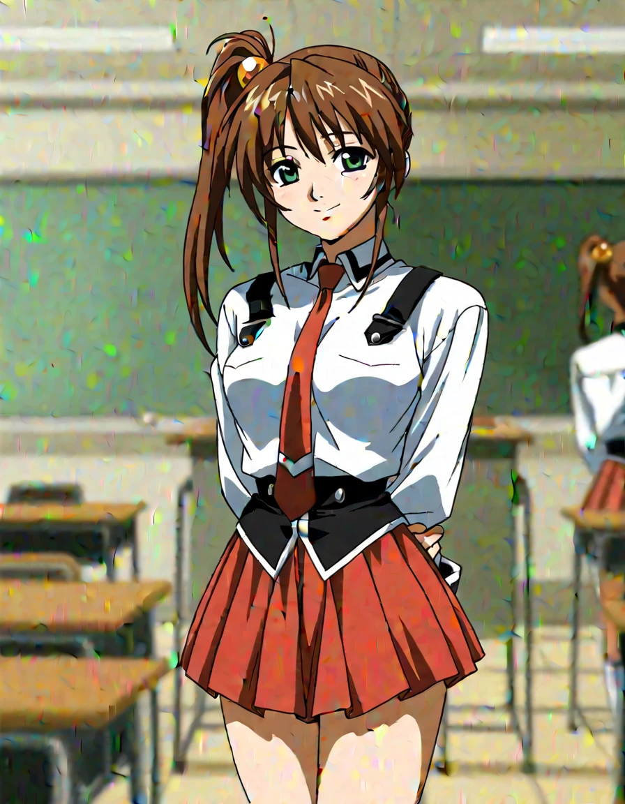 1 , alone, Imari Kurumi, brown hair, side ponytail , hair ornament, green eyes, smile, BB_ uniforms, school uniform, , white shirt, sleeve cuffs, red tie , pleated skirt, red skirt, black thighs, standing, Countering , hands behind your back, depth of field , classroom, light theme, is, anime coloring