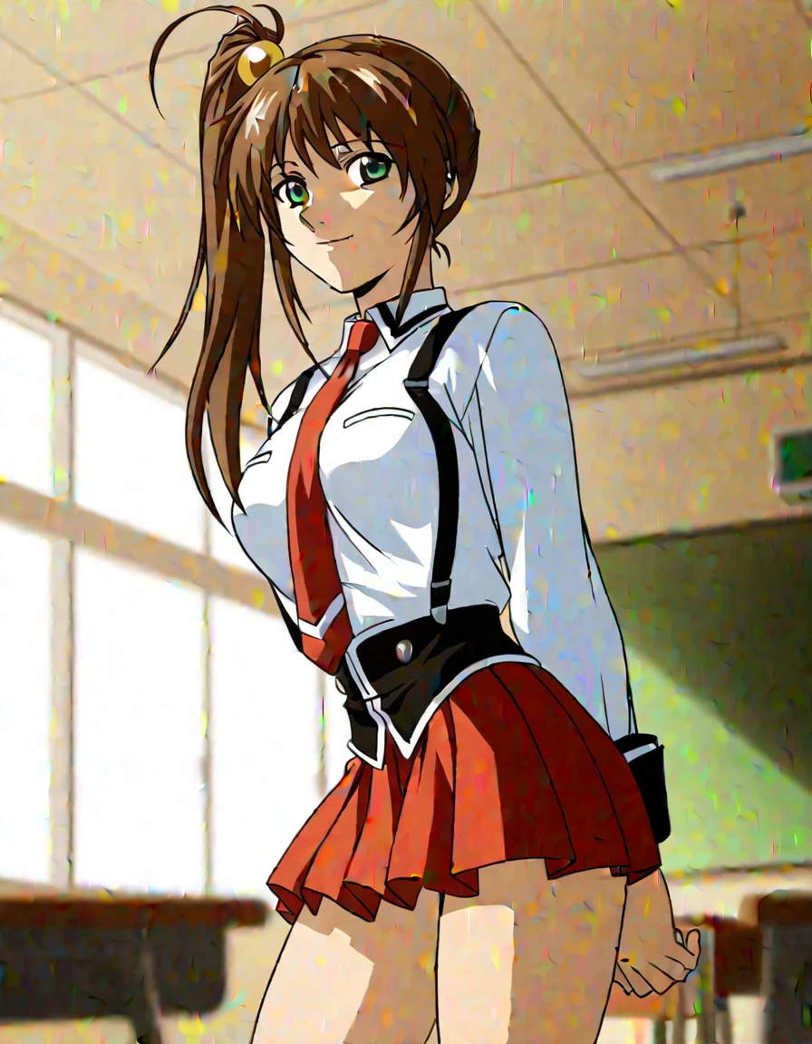 1 , alone, Imari Kurumi, brown hair, side ponytail , hair ornament, green eyes, smile, BB_ uniforms, school uniform, , white shirt, sleeve cuffs, red tie , pleated skirt, red skirt, black thighs, standing, Countering , hands behind your back, depth of field , classroom, light theme, is, anime coloring