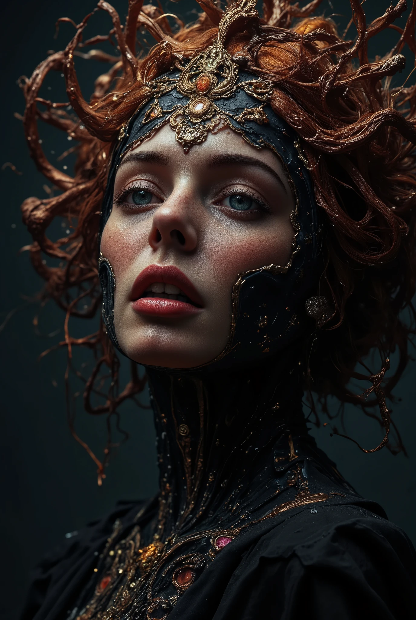 famous masterwork portrait painting of a beautiful woman, highly aesthetic, stunning, hyper-realistic, photo-realistic, ultra detailed, high resolution, uhd, 8k, 4k, epic, dramatic, accurate, symmetrical composition, at night, dim lighting, as our crowns begin to rust, karmic debt that burns to dust, incinerate our beings as you must, when will you come? where will we be? when will you come for me? as saturn's coming down, mutated forms, writhing appendages, black knight, a thousand eyes, hazy night, cold light, forgotten prophecy, eye of the mind, color gradients, lovecraftian, cthulhu mythos, ovg, in the style of ckpf, amanoer,