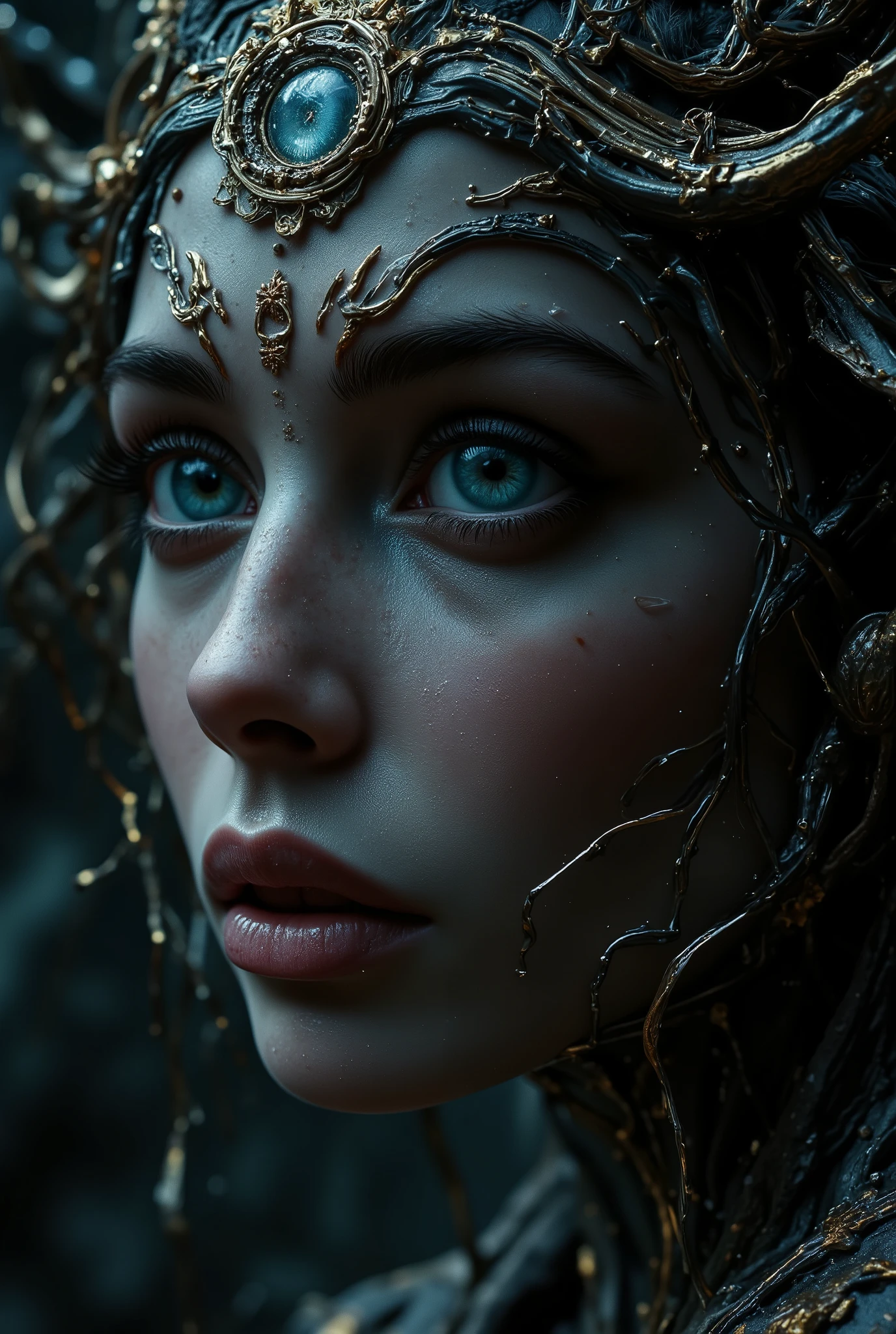 famous masterwork portrait painting of a beautiful woman, highly aesthetic, stunning, hyper-realistic, photo-realistic, ultra detailed, high resolution, uhd, 8k, 4k, epic, dramatic, accurate, symmetrical composition, at night, dim lighting, as our crowns begin to rust, karmic debt that burns to dust, incinerate our beings as you must, when will you come? where will we be? when will you come for me? as saturn's coming down, mutated forms, writhing appendages, black knight, a thousand eyes, hazy night, cold light, forgotten prophecy, eye of the mind, color gradients, lovecraftian, cthulhu mythos, ovg, in the style of ckpf, amanoer,