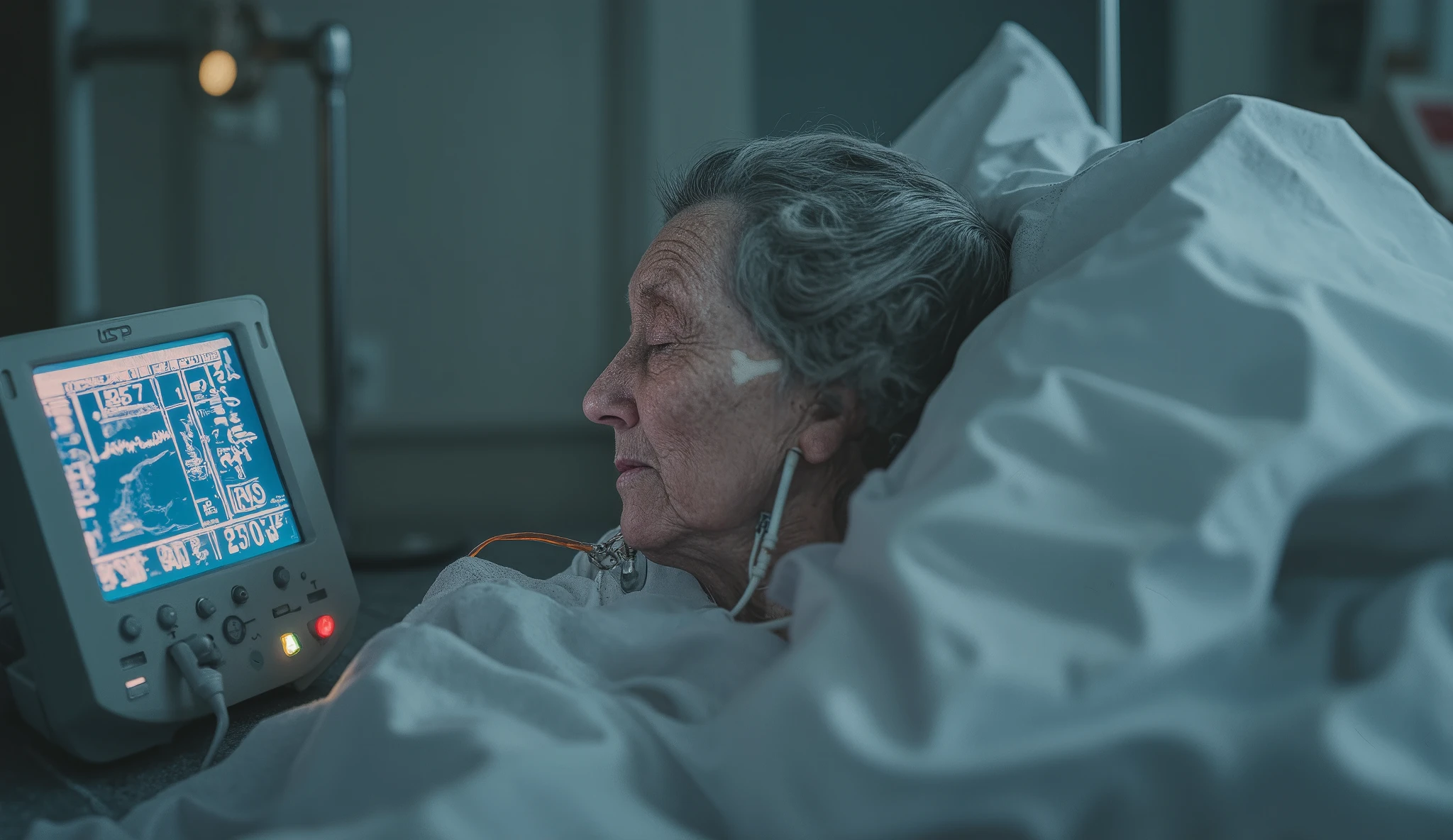 A close-up of a hospital room with a vital signs monitor in the foreground, its screen displaying fluctuating numbers, showing the heart rate, blood pressure, and oxygen levels of the elderly woman lying in bed. The rhythmic sound of "beep, beep, beep" resonates through the quiet room, a steady, almost hypnotic pulse that contrasts with the stillness of the atmosphere. The woman, deeply asleep, rests with tubes gently placed in her nose and mouth, keeping her alive. Her face is serene, but there's an underlying sadness in the peacefulness—her life lived, her memories, her family, all slowly fading into the background. Soft light illuminates the room, casting delicate shadows around her as the monitor’s glow flickers in the dimness. The quiet beeping of the machine is the only sign of life in the room, marking the fragile balance between existence and the passage of time. While memories of her past hover like a soft mist in the room, blending with the sound of the monitor, echoing her life’s steady rhythm.