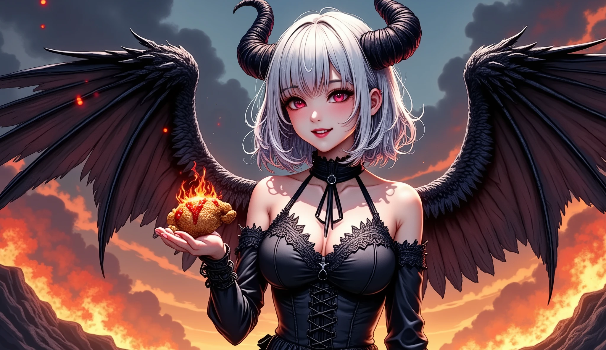 (Ultra-detailed face, Looking away, Gothic Illustration, Dark tone colors. She has five fingers on her hands and five toes on her feet.), BREAK (The composition looks up from the woman's chest to the woman's face, flames burst from the volcano, lava flows down the crater, steam billows up, and the air appears to be warped.), BREAK (A very beautiful succubus, her crow-like wings flapping widely on her back, holds out to you a hot, oil bursting, spicy fried chicken with bright red pepper sauce on it, as if offering it to you in a bold pose. The succubus chuckles and ahhs at you.), BREAK (She has white hair, white eyebrows, blunt bangs, long wavy hair down to her feet, small pink lips, crimson glowing eyes, clear white skin, and thick eyeliner. Her hair flutters in the hot wind blowing from the side.), BREAK (She wears a jet-black ribbon tie and a jet-black lace-up dress made of draped raven feathers with light blue lace ruffles and embroidered red roses. She wears flaming laced boots that glow on the way home.)