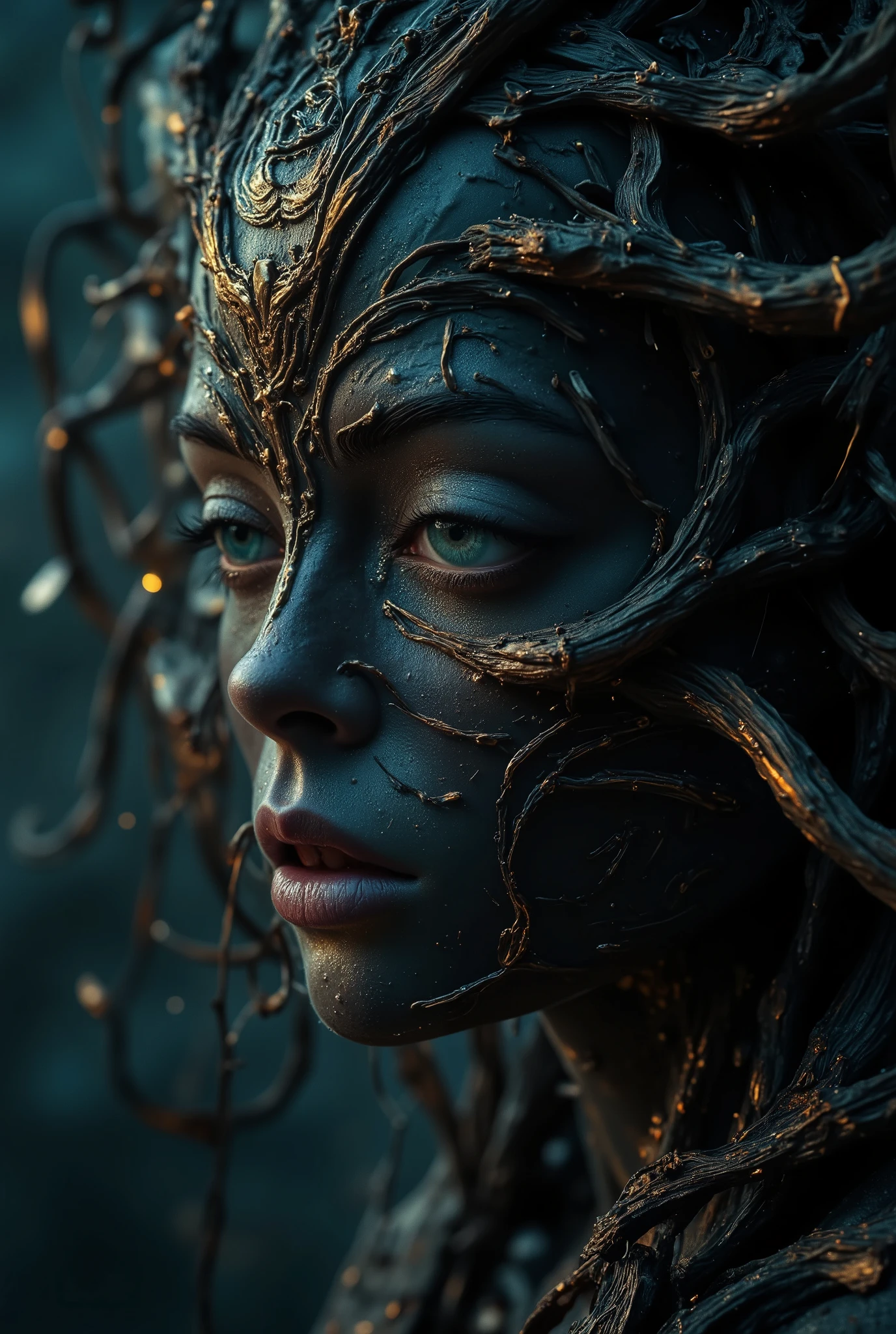 famous masterwork portrait painting of a beautiful woman, highly aesthetic, stunning, hyper-realistic, photo-realistic, ultra detailed, high resolution, uhd, 8k, 4k, epic, dramatic, accurate, symmetrical composition, at night, dim lighting, as our crowns begin to rust, karmic debt that burns to dust, incinerate our beings as you must, when will you come? where will we be? when will you come for me? as saturn's coming down, mutated forms, writhing appendages, black knight, a thousand eyes, hazy night, cold light, forgotten prophecy, eye of the mind, color gradients, lovecraftian, cthulhu mythos, ovg, in the style of ckpf, amanoer,
