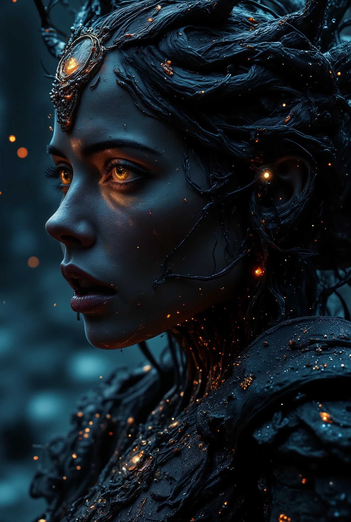 famous masterwork portrait painting of a beautiful woman, highly aesthetic, stunning, hyper-realistic, photo-realistic, ultra detailed, high resolution, uhd, 8k, 4k, epic, dramatic, accurate, symmetrical composition, at night, dim lighting, as our crowns begin to rust, karmic debt that burns to dust, incinerate our beings as you must, when will you come? where will we be? when will you come for me? as saturn's coming down, mutated forms, writhing appendages, black knight, a thousand eyes, hazy night, cold light, forgotten prophecy, eye of the mind, color gradients, lovecraftian, cthulhu mythos, ovg, in the style of ckpf, amanoer,
