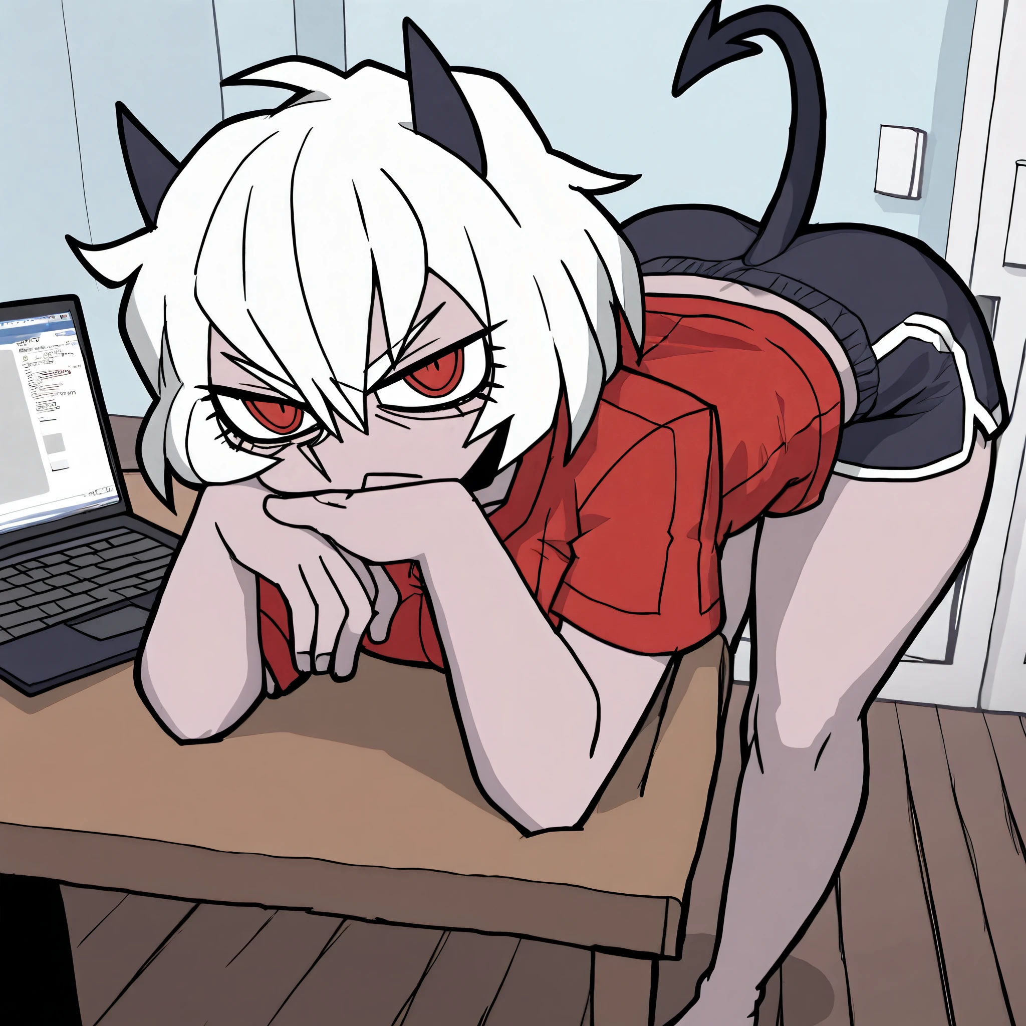 ((malina)), ((helltaker)), ((masterpiece)), ((high resolution)), ((solo portrait)), {(attractive figure), (pale skin), (beautiful legs), (short white hair), (demon horns), (demon tail), (cute red eyes), (short eyelashes), (annoyed look)}, {(red tee shirt), (lounge shorts)}, {(standing), (hunching over), (drinking vodka), (looking at viewer)}, ((living room)), ((light blue walls)), ((wood floor)), ((laptop)),