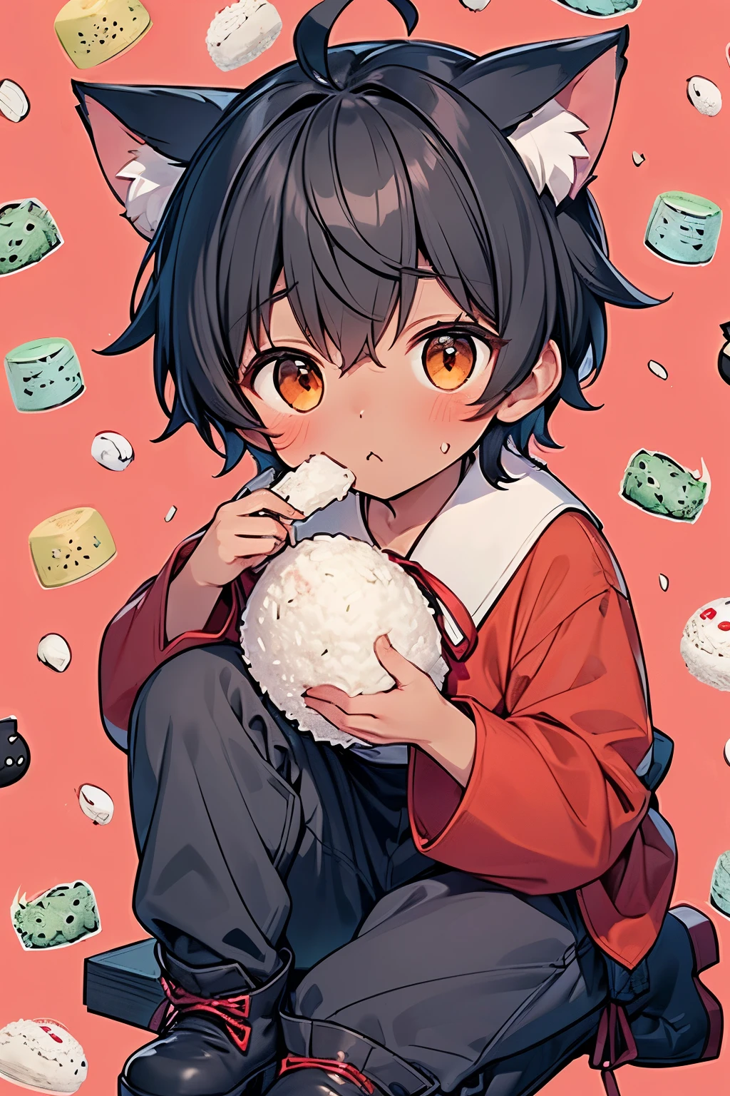 ((A boy:1.3)),((handsome:1.3)),((black hair:1.25)),((short hair:1.25)),((brown eyes)),((ahoge:1.25)),(front view:1.0),(cat ears:1.1),((long sleeve shirt:1.1)),((short breeches:1.1)),(tilt one's head:1.0),((Has a Onigiri:1.1)),//,((ribbon wrapping pattern background:1.1)),((Many cute Onigiri mark:1.0)),(looking viewer:1.0),((eating Onigiri:1.2)),((There are grains of rice on the face:1.25)),(open your mouth:1.1),(( laugh:1.1)),(( has a bright red face:1.1)),(seiza:1.0),((platform boots:1.0)),close up face,((dark skin body:1.2)),