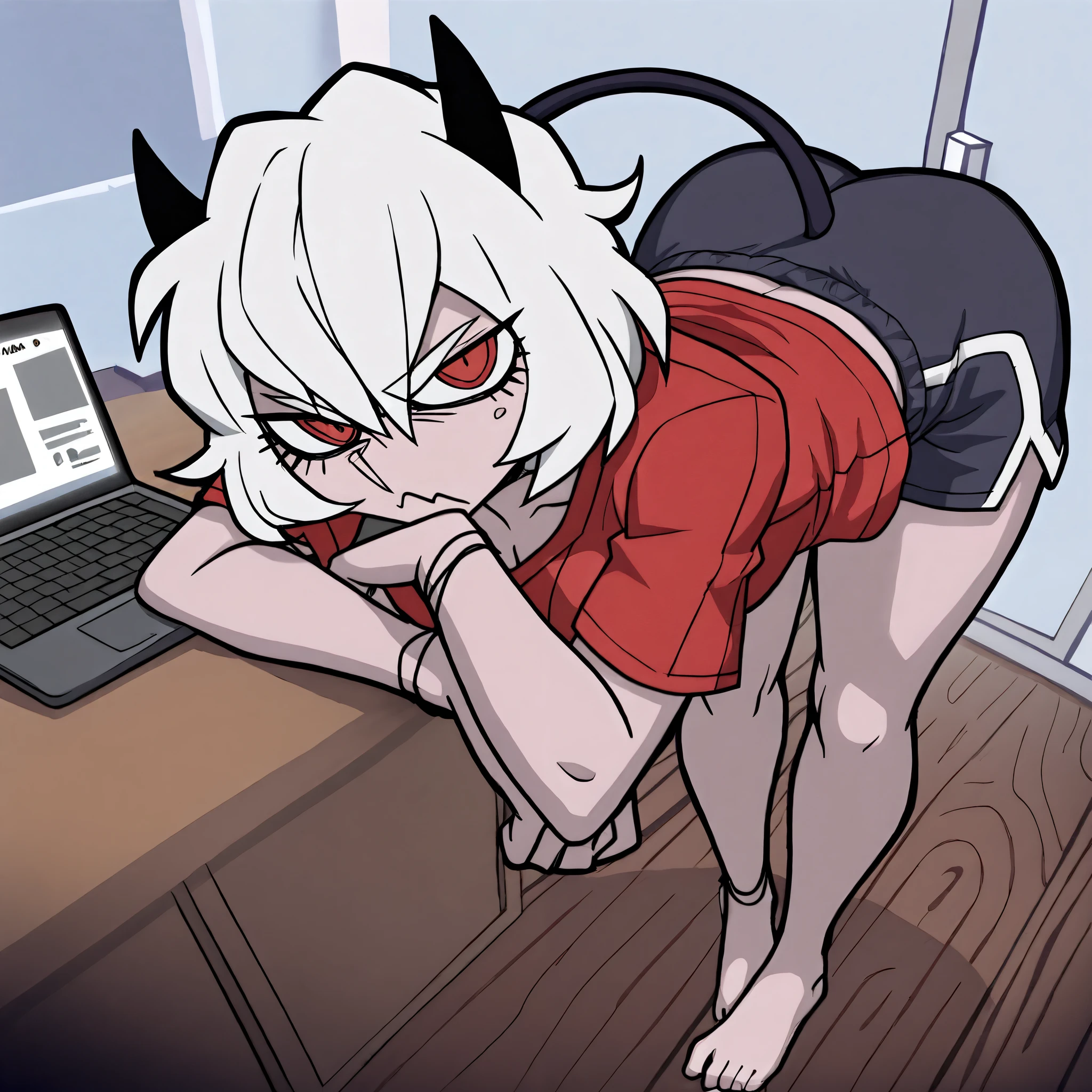 ((malina)), ((helltaker)), ((masterpiece)), ((high resolution)), ((solo portrait)), {(attractive figure), (pale skin), (beautiful legs), (pretty feet), (short white hair), (demon horns), (demon tail), (cute red eyes), (short eyelashes), (annoyed look)}, {(red tee shirt), (lounge shorts)}, {(standing), (hunching over), (drinking vodka), (looking at viewer)}, ((living room)), ((light blue walls)), ((wood floor)), ((laptop)),