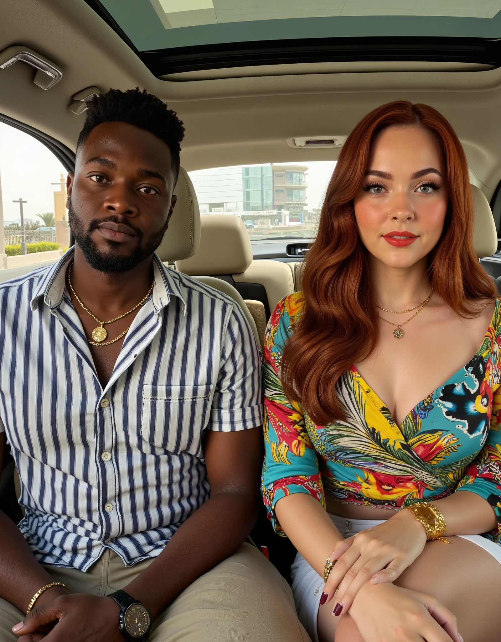 super realistic image, Of a cute black boy, 18 years old, very thin beard , big hair, but cut on the sides , With a risk. Inside a car in Dubai. LUXURIOUS LIFE, very luxurious and spacious car , some gold , watch necklaces and luxury accessories , luxurious lifestyle. next to a beautiful red-haired woman who is very white, woman with American looks , a beautiful neckline , A beautiful lady. They wear summer clothes with vibrant tones