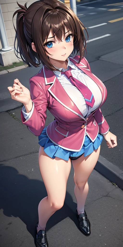 Honoka, Blue Blazer, tie, Pleated Skirt, one glove, White stockings, university student,Pink Hair,Huge breasts,Cleavage,Low-cut,miniskirt,pantyhose,Smile,cute