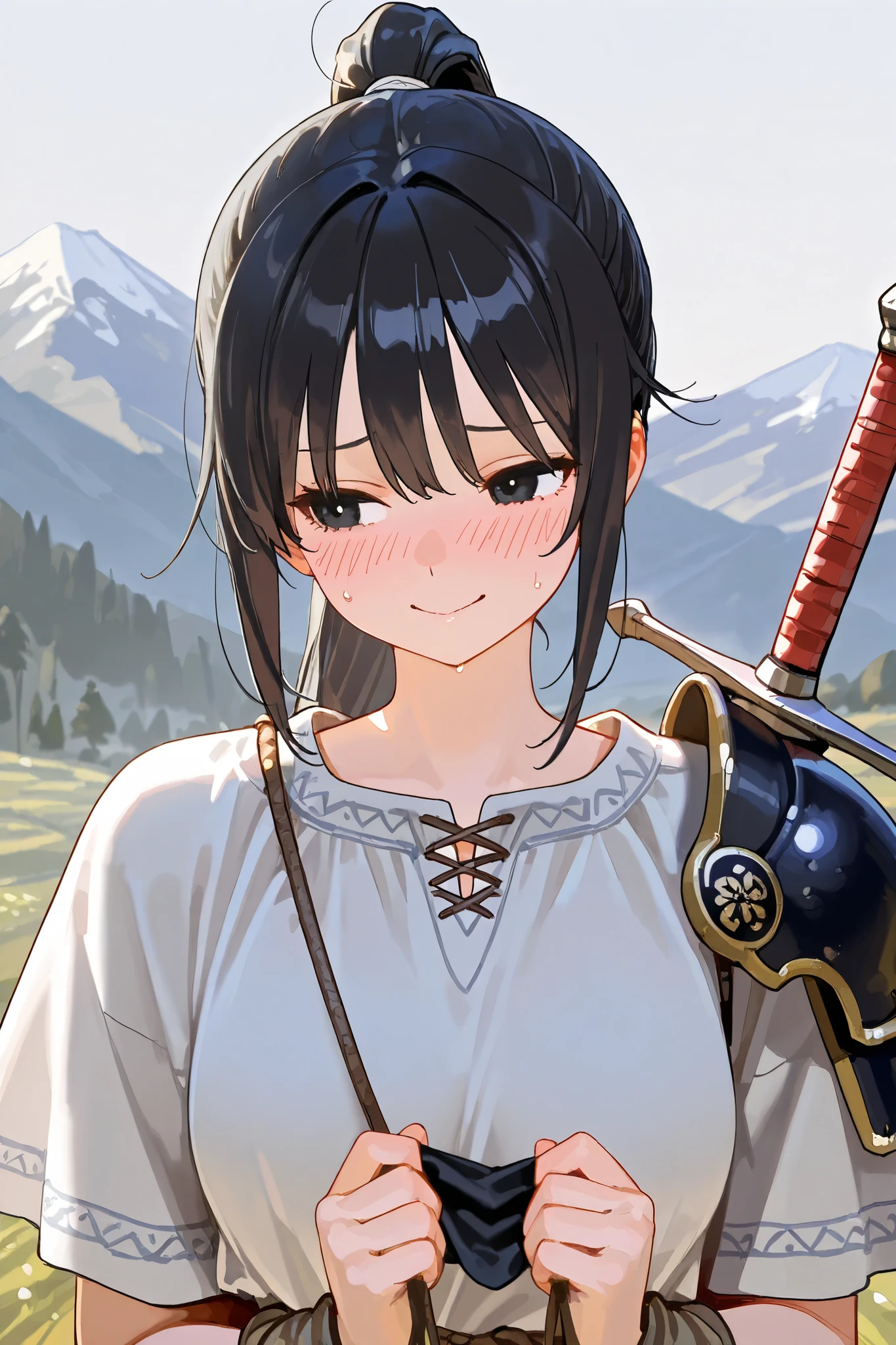 best quality, masterpiece,highest resolution, 1girl, solo, black hair, long ponytail, black eyes, Embarrassed_face, side gaze, (sweat : 0.7),  linen tunic, mountain background, holding a blindfold, smile, avoiding gaze, shoulder armor, sword on rist