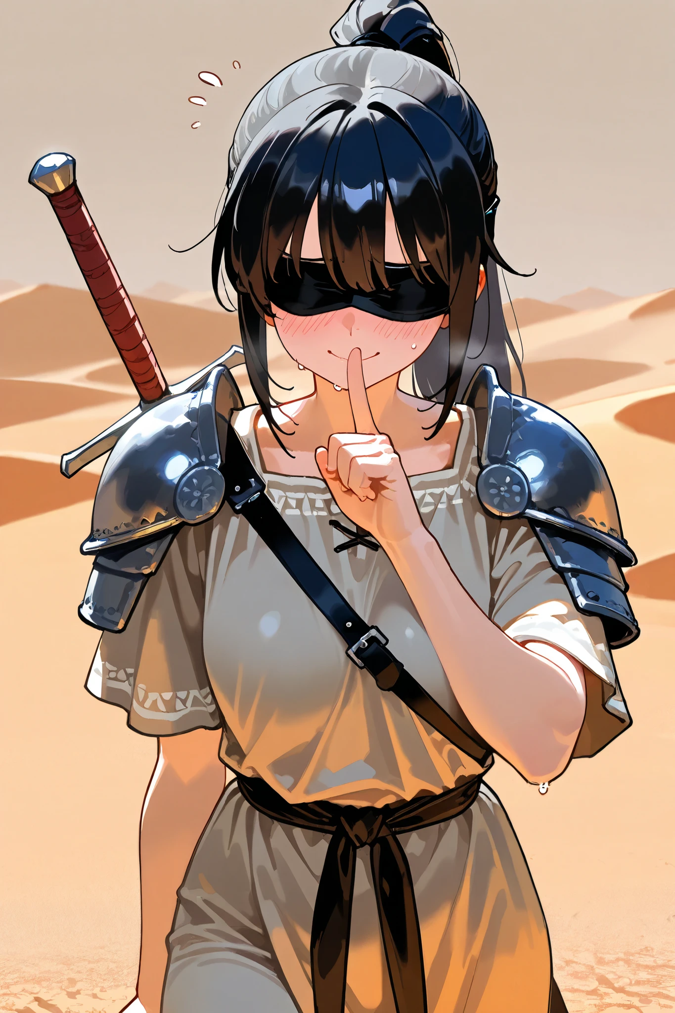 best quality, masterpiece,highest resolution, 1girl, solo, black hair, long ponytail, Embarrassed_face,  (sweat : 0.7),  linen tunic, desert background, blindfold, smile, avoiding gaze, Sword, warrior,shoulder armor, shush hand