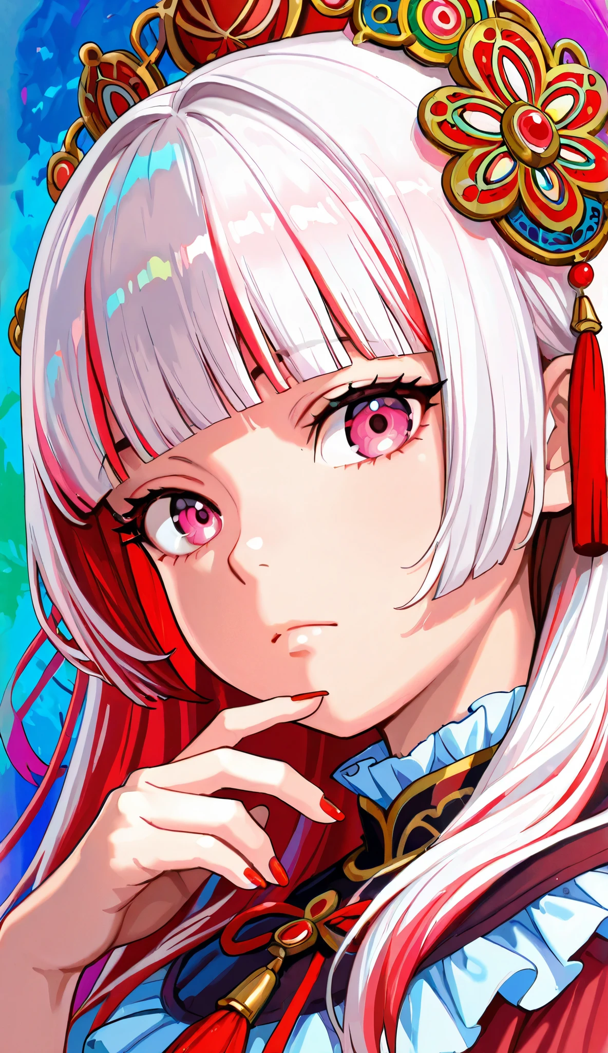 woman, solo, long red nails, looking at viewer, bangs, dark pink eyes, long hair, nail polish, light hair, hair ornament, hand up, camp flowers, blunt bangs, closed mouth, tassel, ribbon, portrait, colorful, red por do sol background, frills, multicolored back hair, upper body, fingernails