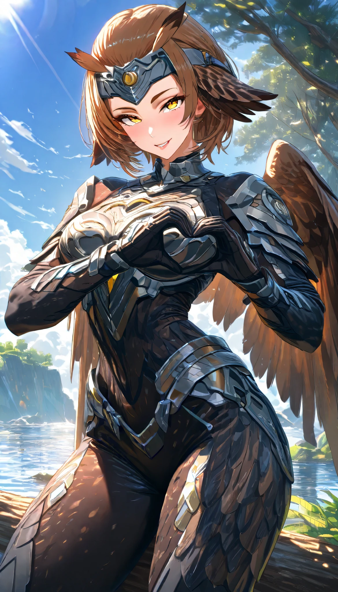 SOLO, A Owl Female, Perfect body, Medium Breasts, (Brown short hair, hair ears, hair pulled back),Brown Owl Metal Forehead protector, Yellow eyes, A pair of Brown Owl wings cover her body, Wearing A Brown Owl full-body Metal armor, Squat on a tree trunk,heart hands, Torogao, seductive smile, Sunshine, Afternoon, UHD, anatomically correct, masterpiece, textured skin, high details, highres, 1080P, 16k, accurate,Beautiful face, Perfect face, Highly detailed beautiful face and eyes, Attractive face, Detailed face, Delicate facial features, Detailed skin,Cowboy shot