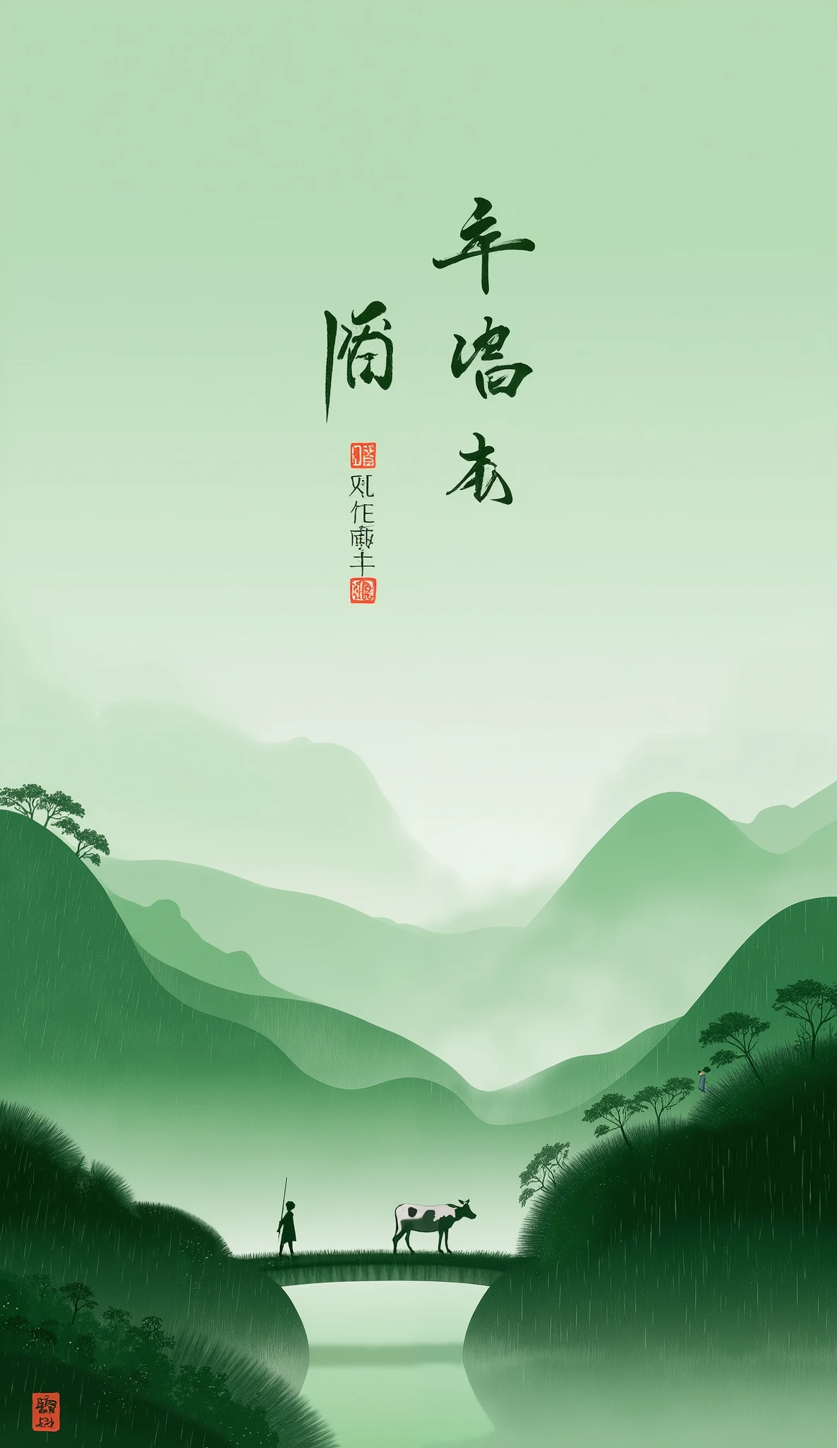 spring,Ching Ming Festival, The background is green rolling mountains and mountains ,It's drizzling,Male shepherd riding a cow on a small bridge at the foot of the mountain, The main body of the screen is “Qingming” with two lines of Chinese characters,Vision,Hayao Miyazaki, Hayao Miyazaki电影, анимационный Hayao Miyazaki电影, Studio Ghibli Sunshine, Studio Ghibli Aesthetics , Hayao Miyazaki Style, Studio Ghibli and Makoto Shinkai