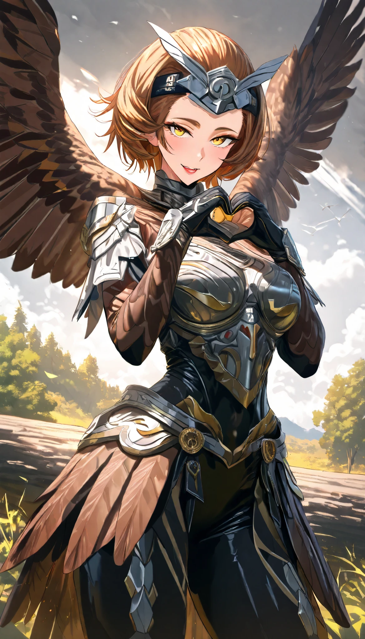 SOLO, A Owl Female, Perfect body, Medium Breasts, (Brown short hair, hair ears, hair pulled back),Brown Owl Metal Forehead protector, Yellow eyes, A pair of Brown Owl wings cover her body, Wearing A Brown Owl full-body Metal armor, Squat on a tree trunk,heart hands, Torogao, seductive smile, Sunshine, Afternoon, UHD, anatomically correct, masterpiece, textured skin, high details, highres, 1080P, 16k, accurate,Beautiful face, Perfect face, Highly detailed beautiful face and eyes, Attractive face, Detailed face, Delicate facial features, Detailed skin,Cowboy shot