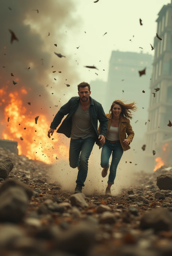 Generate a high-resolution (8K) cinematic image that depicts an abandoned city on fire. Use artificial intelligence techniques to create perfect characters running through the streets amid the chaos, while cars crash and explode in the background. Add realistic detail to the flames, conveying the sense of despair and imminent danger. Create an impactful visual composition that reveals the excitement and mystery of ghost towns, 1man, Beard, tall and handsome in white round neck plain Tee-shirt, tight jeans, ankle boots close up, mud scar's on a Teeshirt, dirty looks.