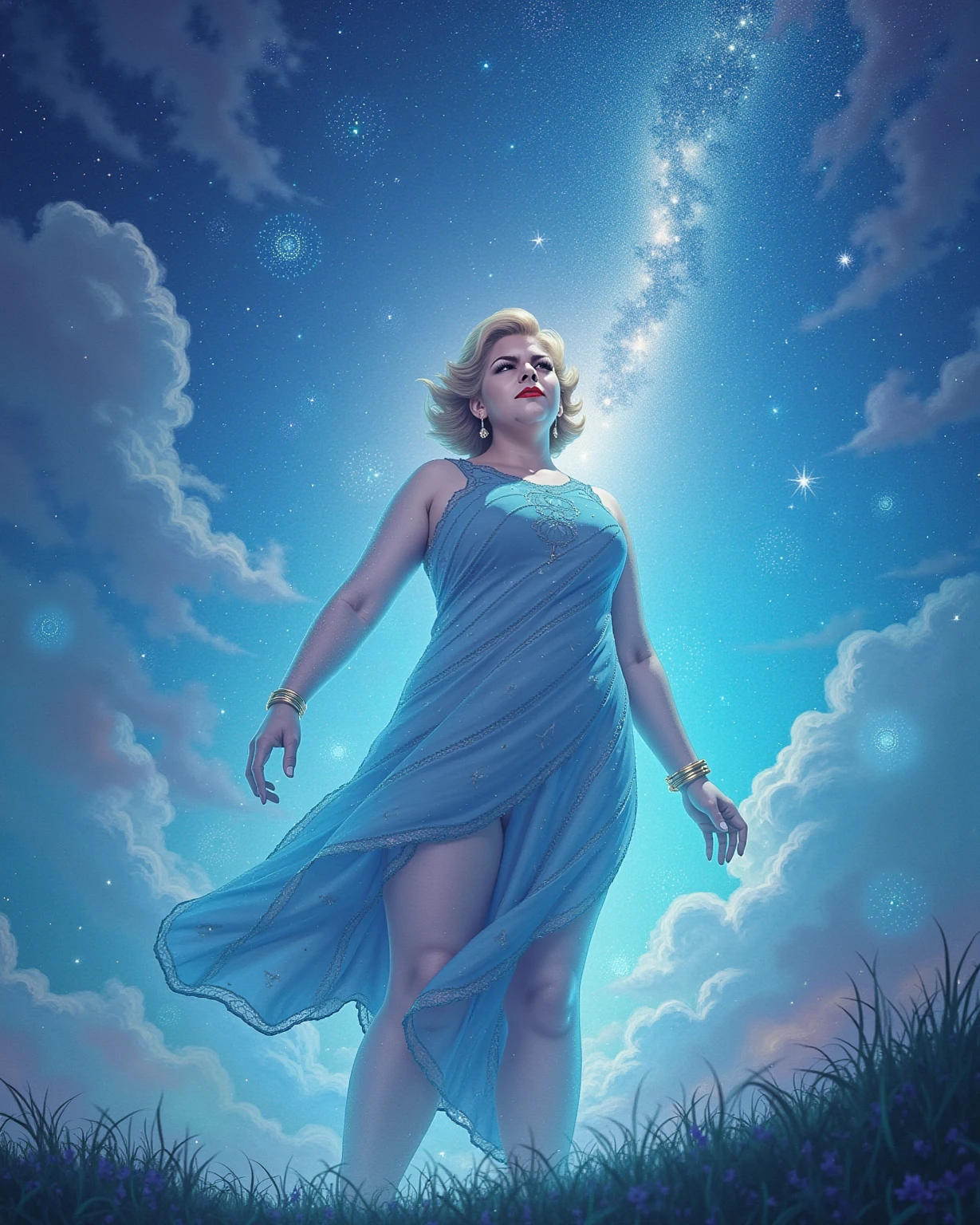 Cate Blanchett (age 25, airy sheer white elegant gown), camera low looking up at her butt and a starry sky, a few tiny space ships fly across the sky, lush ocean world