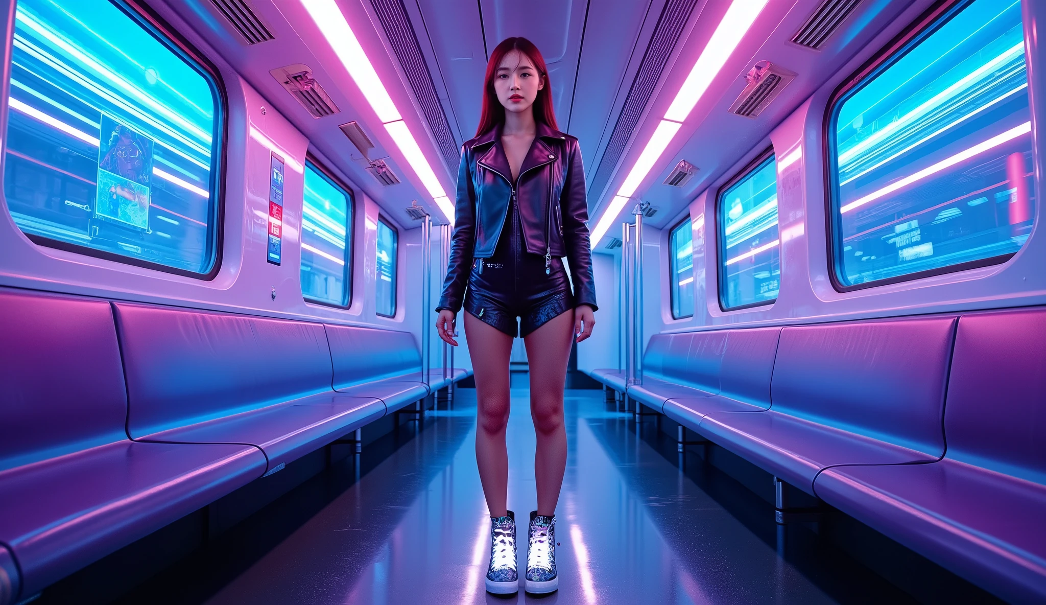 Setting: A high-tech underground train with floating seats and neon-blue and purple LED strips running along the ceiling and floor.
Lighting: The windows reveal a glowing tunnel with streaks of neon lights, creating a mesmerizing motion effect as the train speeds through.
The Model: She stands in the center of the train, wearing a cyberpunk-inspired outfit— a sleek leather jacket with built-in LED lights and futuristic high-tech boots with glowing circuitry.
Effects: As the train moves, neon reflections shimmer on the glossy floor, while slight camera shakes add a sense of speed.
Atmosphere: Holographic advertisements flicker on the train walls, and neon light reflections cast a cybernetic glow on her face, enhancing the futuristic aesthetic.