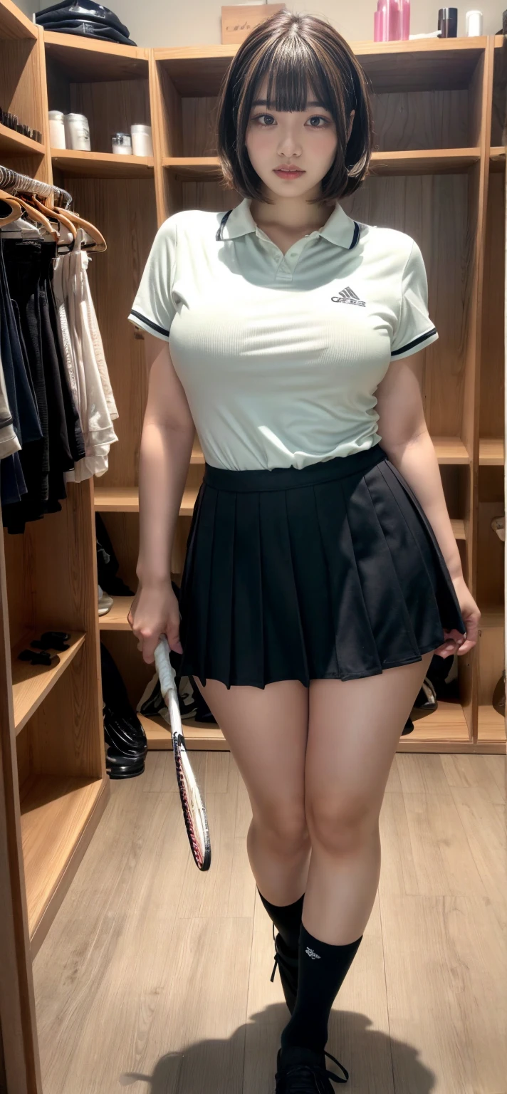 ((realistic lighting, highest quality, 8K, masterpiece, medium shot: 1.3)), clear focus: 1.2, 1 girl, perfect figure: 1.4, plump bust,((black hair)),((long hair that reaches down to the chest)),((With bangs)),(tennis wear: 1.4), inside the indoor changing room, locker in the background,sitting on the floor with legs apart,White panties are visible,Moderately thin calves,exposed thighs,white ankle-length socks,white sneakers,super fine face, fine eyes, double eyelid,(white pleated mini skirt), (white polo shirt),Taking a selfie with a black smartphone in his right hand,Your face is hidden by your smartphone
