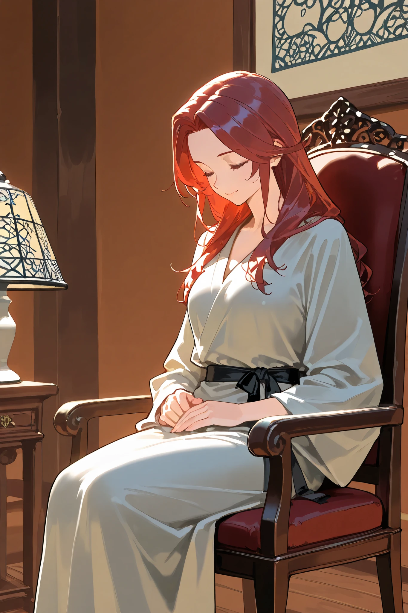 (best quality, masterpiece, highest resolution, 1girl, solo, closed eyes, small smile, red hair, long hair, mature, Robe, sitting on chair, traditional oriental room