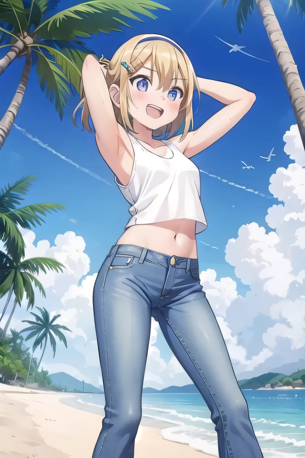 masterpiece,best quality,ultra detail, ((Perfect Face, Perfect Arms, Perfect hands, Perfect Fingers)), 1girl, , peti ((round face, ecstasy, orgasm face, drooping eyes, shame smiling, blush)), dropping eyes, sleepy, Open mouth, ((White teeth)), background((under the beach, (day:1.2), palm tree, bright sky)), kagamine rin, short hair, blonde hair, floating hair, white hairband, hair bow, white bow, hairclip, swept bangs, blue eye, ((arms behind head, hands behind head, fingers behind head)), ((contrapposto)), spread armpits, looking at viewer,, (white tank top:1.2), (white crop top:1.2), (jeans pants:1.2, flares jeans:1.2, skinny jeans:1.2, blue jeans:1.2), standing, (legs spread:1.4), sex pose, Sweaty crotch, Steam from the crotch, from below, whole body