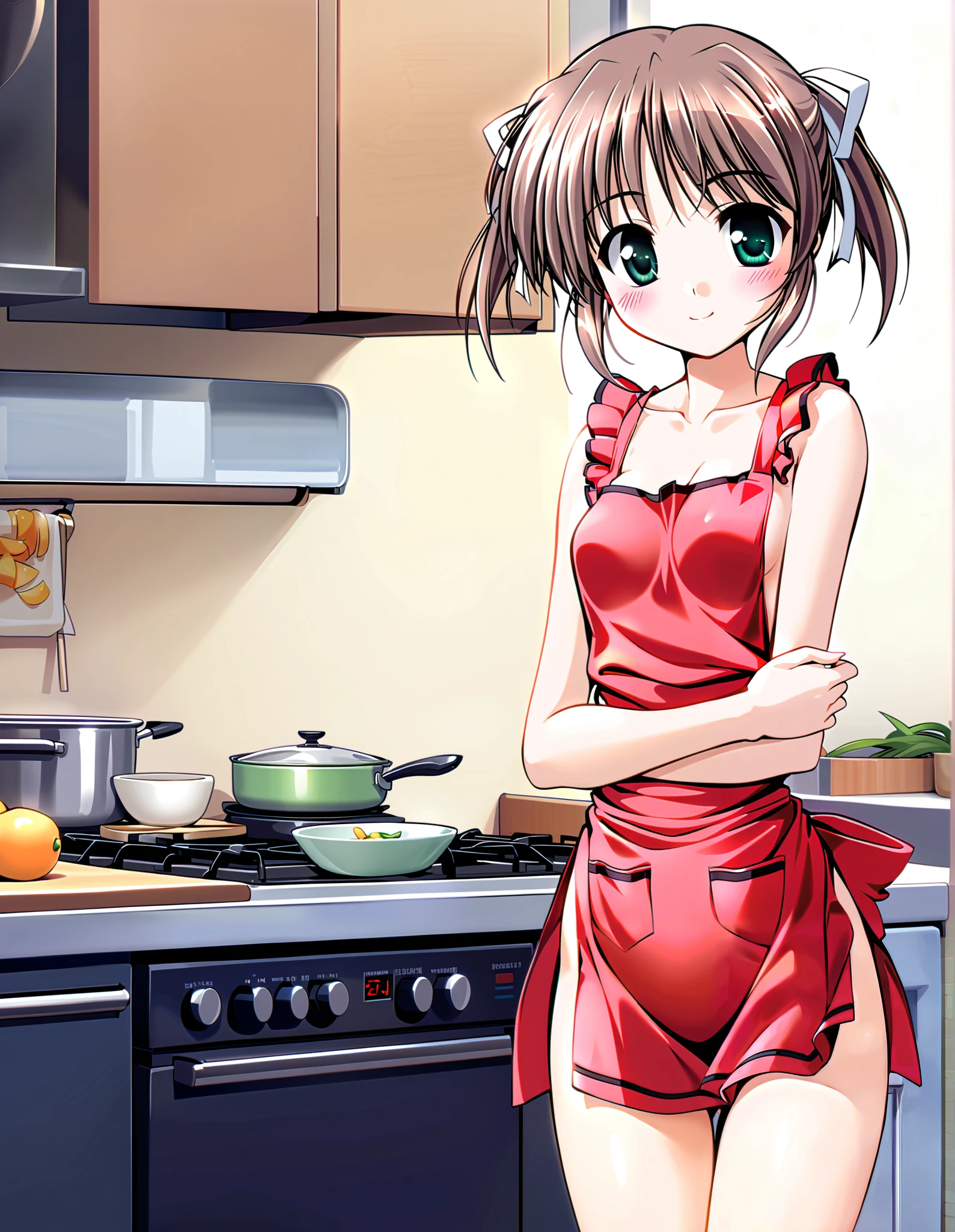 Asagiri Mai, Alone, (cowboy shot), brown hair, short hair, hair ribbon, twintails, green eyes, Tiny Breasts , cleavage, Cute ass, ( naked apron), (Red cheeks:1.2), (bright smile:1.1), (kitchen), score_9, score_8_superior, score_7_superior, source_ anime, (best quality:1.2), high quality, full color, 8k, high res