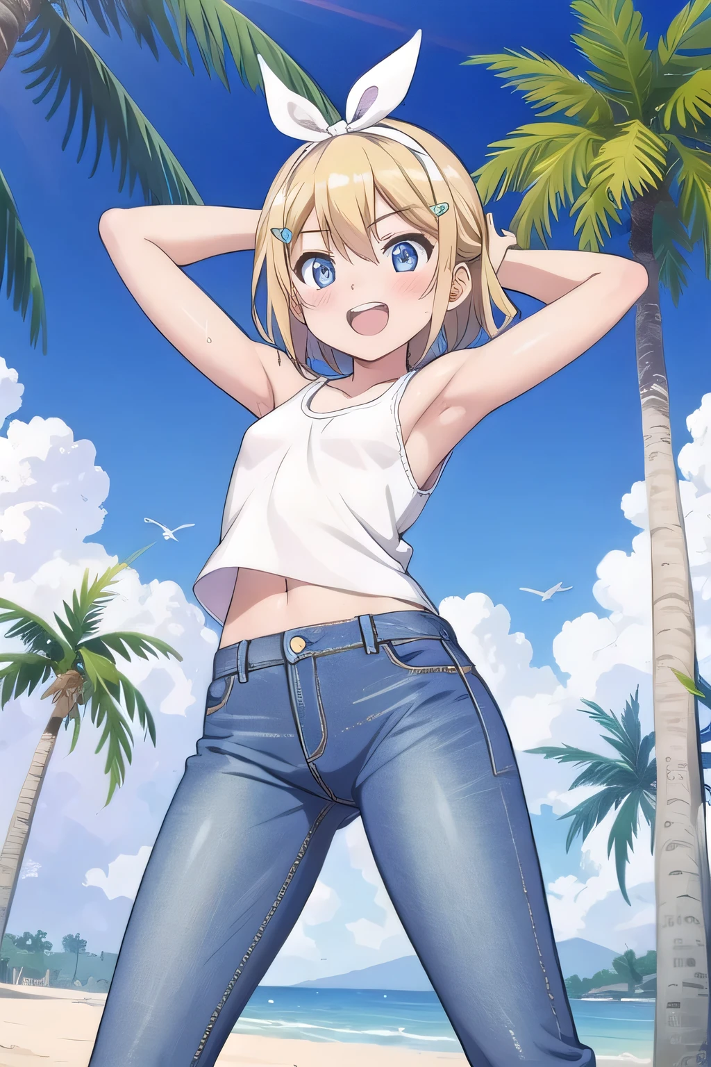masterpiece,best quality,ultra detail, ((Perfect Face, Perfect Arms, Perfect hands, Perfect Fingers)), 1girl, 14yo, petite, ((round face, ecstasy, orgasm face, drooping eyes, shame smiling, blush)), dropping eyes, sleepy, Open mouth, ((White teeth)), background((under the beach, (day:1.2), palm tree, bright sky)), kagamine rin, short hair, blonde hair, floating hair, white hairband, hair bow, white bow, hairclip, swept bangs, blue eye, ((arms behind head, hands behind head, fingers behind head)), ((contrapposto)), spread armpits, looking at viewer,, (white tank top:1.2), (white crop top:1.2), (jeans pants:1.2, flares jeans:1.2, skinny jeans:1.2, blue jeans:1.2), standing, (legs spread:1.4), sex pose, Sweaty crotch, Steam from the crotch, from below, whole body