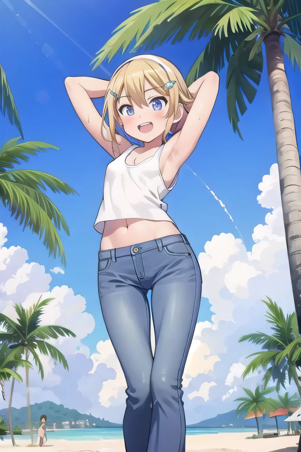 masterpiece,best quality,ultra detail, ((Perfect Face, Perfect Arms, Perfect hands, Perfect Fingers)), 1girl, , peti ((round face, ecstasy, orgasm face, drooping eyes, shame smiling, blush)), dropping eyes, sleepy, Open mouth, ((White teeth)), background((under the beach, (day:1.2), palm tree, bright sky)), kagamine rin, short hair, blonde hair, floating hair, white hairband, hair bow, white bow, hairclip, swept bangs, blue eye, ((arms behind head, hands behind head, fingers behind head)), ((contrapposto)), spread armpits, looking at viewer,, (white tank top:1.2), (white crop top:1.2), (jeans pants:1.2, flares jeans:1.2, skinny jeans:1.2, blue jeans:1.2), standing, (legs spread:1.4), sex pose, Sweaty crotch, Steam from the crotch, from below, whole body