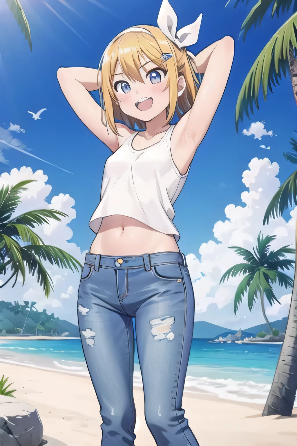 masterpiece,best quality,ultra detail, ((Perfect Face, Perfect Arms, Perfect hands, Perfect Fingers)), 1girl, 14yo, petite, ((round face, ecstasy, orgasm face, drooping eyes, shame smiling, blush)), dropping eyes, sleepy, Open mouth, ((White teeth)), background((under the beach, (day:1.2), palm tree, bright sky)), kagamine rin, short hair, blonde hair, floating hair, white hairband, hair bow, white bow, hairclip, swept bangs, blue eye, ((arms behind head, hands behind head, fingers behind head)), ((contrapposto)), spread armpits, looking at viewer,, (white tank top:1.2), (white crop top:1.2), (jeans pants:1.2, flares jeans:1.2, skinny jeans:1.2, blue jeans:1.2), standing, (legs spread:1.4), sex pose, Sweaty crotch, Steam from the crotch, from below, whole body