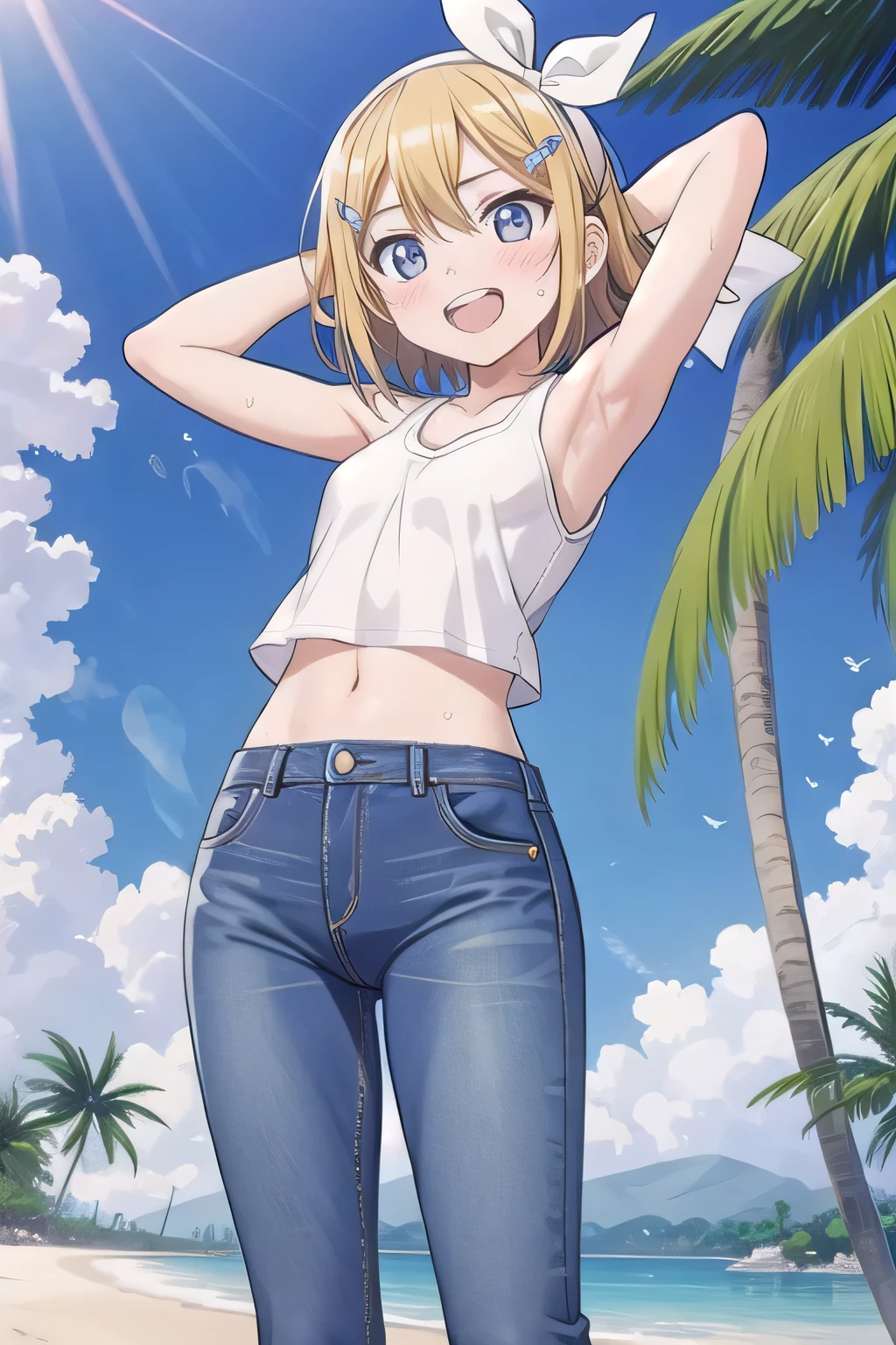 masterpiece,best quality,ultra detail, ((Perfect Face, Perfect Arms, Perfect hands, Perfect Fingers)), 1girl, 14yo, petite, ((round face, ecstasy, orgasm face, drooping eyes, shame smiling, blush)), dropping eyes, sleepy, Open mouth, ((White teeth)), background((under the beach, (day:1.2), palm tree, bright sky)), kagamine rin, short hair, blonde hair, floating hair, white hairband, hair bow, white bow, hairclip, swept bangs, blue eye, ((arms behind head, hands behind head, fingers behind head)), ((contrapposto)), spread armpits, looking at viewer,, (white tank top:1.2), (white crop top:1.2), (jeans pants:1.2, flares jeans:1.2, skinny jeans:1.2, blue jeans:1.2), standing, (legs spread:1.4), sex pose, Sweaty crotch, Steam from the crotch, from below, whole body