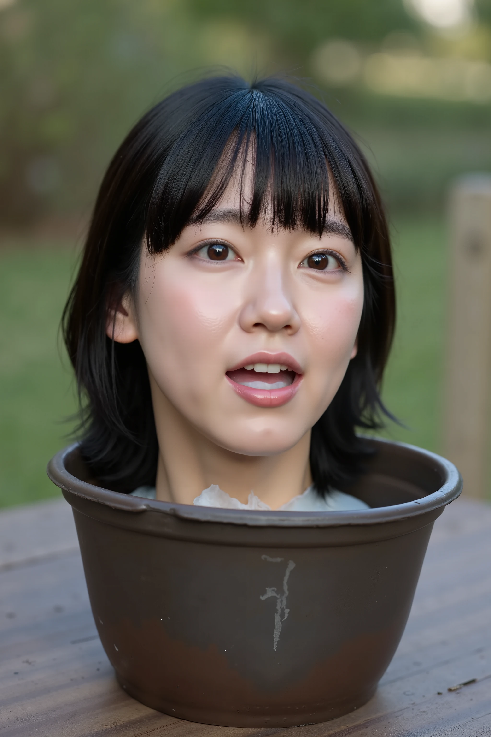 The high resolution photograph of a beautiful young woman's disembodied head in a low pot on the table, photo realistic, realistic, real-life, masterpiece, amazing quality, intricate details, professional lighting, close-up of her head, face focus, black hair with bangs, detailed face, detailed eyes, sophisticated nose, (facing up, open mouth, white cum in mouth:1.2), front view, outdoors,