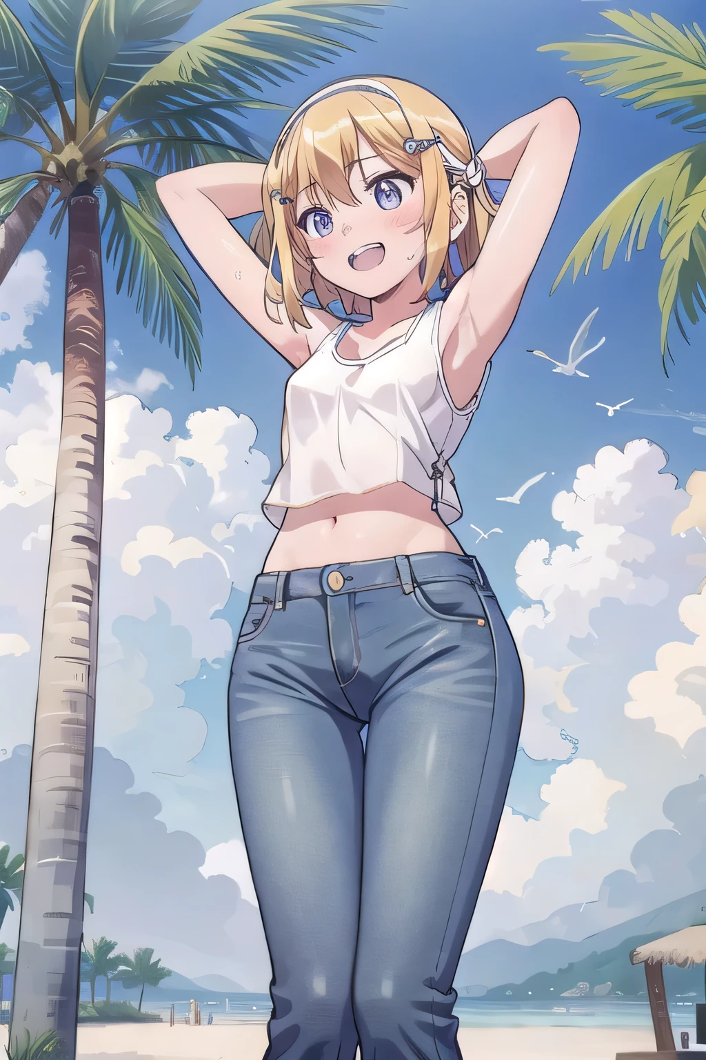 masterpiece,best quality,ultra detail, ((Perfect Face, Perfect Arms, Perfect hands, Perfect Fingers)), 1girl, 14yo, petite, ((round face, ecstasy, orgasm face, drooping eyes, shame smiling, blush)), dropping eyes, sleepy, Open mouth, ((White teeth)), background((under the beach, (day:1.2), palm tree, bright sky)), kagamine rin, short hair, blonde hair, floating hair, white hairband, hair bow, white bow, hairclip, swept bangs, blue eye, ((arms behind head, hands behind head, fingers behind head)), ((contrapposto)), spread armpits, looking at viewer,, (white tank top:1.2), (white crop top:1.2), (jeans pants:1.2, flares jeans:1.2, skinny jeans:1.2, blue jeans:1.2), standing, (legs spread:1.4), sex pose, Sweaty crotch, Steam from the crotch, from below, whole body