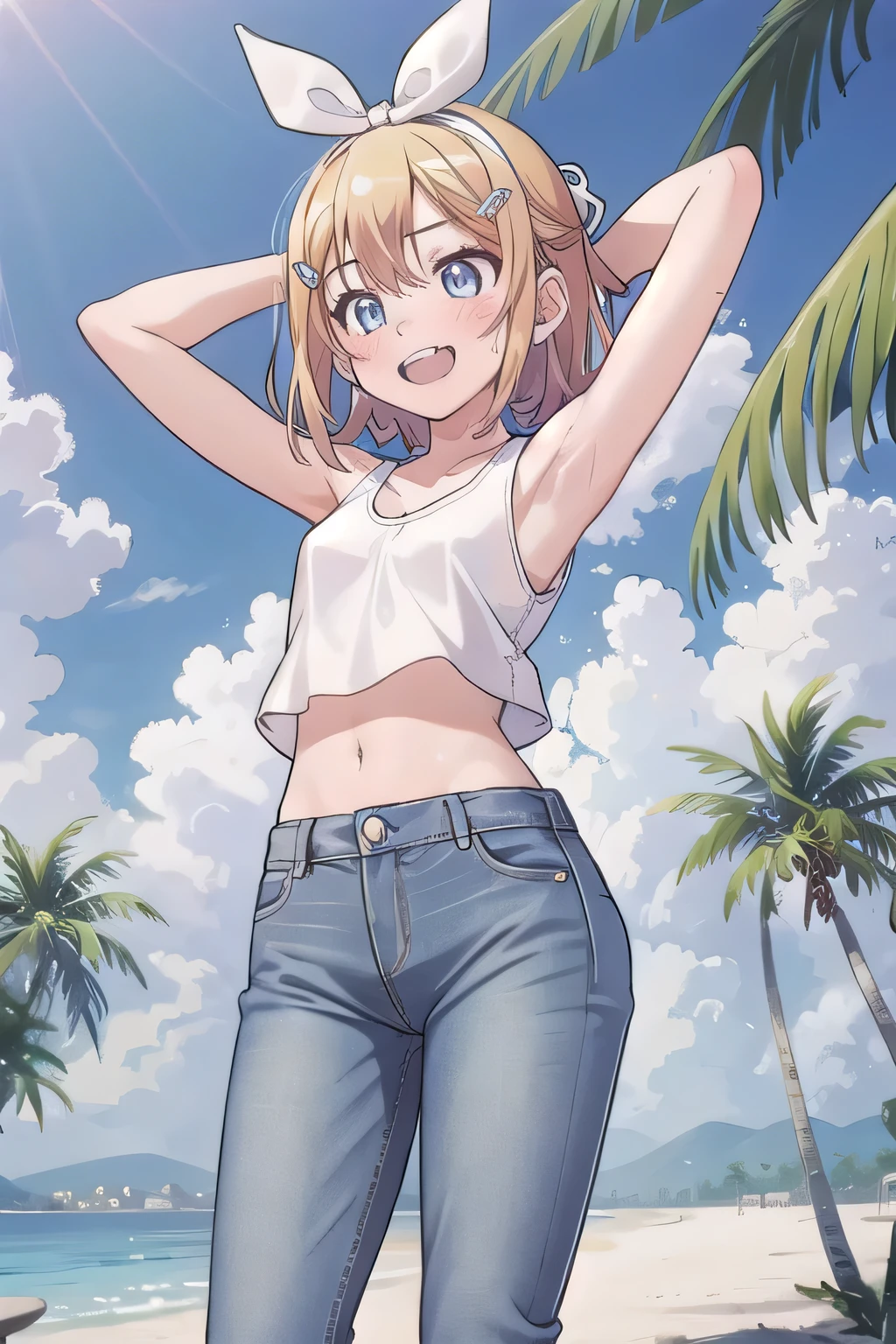 masterpiece,best quality,ultra detail, ((Perfect Face, Perfect Arms, Perfect hands, Perfect Fingers)), 1girl, 14yo, petite, ((round face, ecstasy, orgasm face, drooping eyes, shame smiling, blush)), dropping eyes, sleepy, Open mouth, ((White teeth)), background((under the beach, (day:1.2), palm tree, bright sky)), kagamine rin, short hair, blonde hair, floating hair, white hairband, hair bow, white bow, hairclip, swept bangs, blue eye, ((arms behind head, hands behind head, fingers behind head)), ((contrapposto)), spread armpits, looking at viewer,, (white tank top:1.2), (white crop top:1.2), (jeans pants:1.2, flares jeans:1.2, skinny jeans:1.2, blue jeans:1.2), standing, (legs spread:1.4), sex pose, Sweaty crotch, Steam from the crotch, from below, whole body