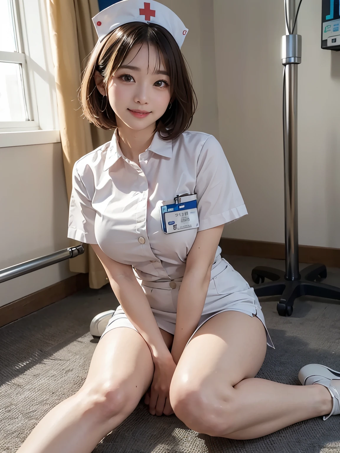  in the hospital、Highest quality、 excellent detail 、 Extremely Detailed Depiction、( Realistic Texture、Original photo:1.2)、Delicate skin、 super high resolution、 perfect style with both legs、( Photorealistic、live-action、 vivid colors )、 Bright Lights、( Cute Japanese Woman 、 Nurse、Big, pretty eyes 、 amazingly cute:1.3)、(Big and cute eyes、Droopy eyes:1.2)、(明るい in the hospital、 turn your body over here、 sitting、 short hair、 Nurse Cosplay、Cute Nurse、nurse miniskirt、 nurse cap 、 cute panties are visible、 added、white sheer stockings、 triangle zone in the bright hospital、 looking at camera:1.6)、(An inviting smile、Seductive Gaze、 bursting with a smile、 panties are slightly visible from jeans、Leg focus:1.4)、 perfect anatomy、 full body shot、Accurate legs