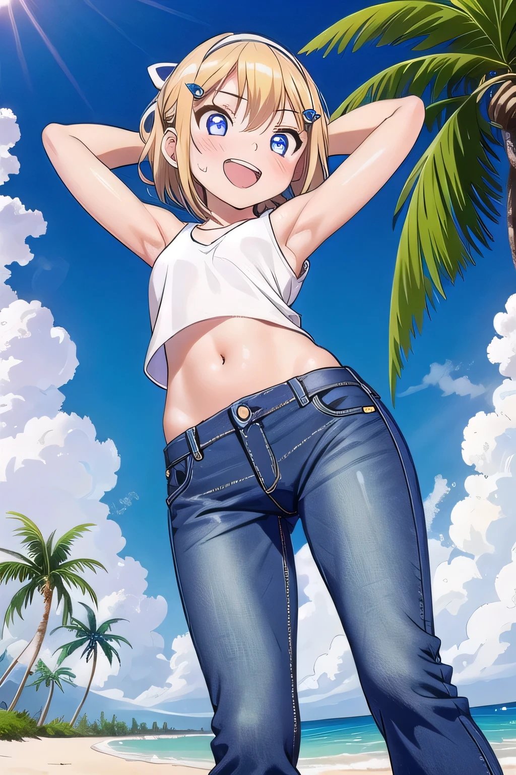 masterpiece,best quality,ultra detail, ((Perfect Face, Perfect Arms, Perfect hands, Perfect Fingers)), 1girl, 14yo, petite, ((round face, ecstasy, orgasm face, drooping eyes, shame smiling, blush)), dropping eyes, sleepy, Open mouth, ((White teeth)), background((under the beach, (day:1.2), palm tree, bright sky)), kagamine rin, short hair, blonde hair, floating hair, white hairband, hair bow, white bow, hairclip, swept bangs, blue eye, ((arms behind head, hands behind head, fingers behind head)), ((contrapposto)), spread armpits, looking at viewer,, (white tank top:1.2), (white crop top:1.2), (jeans pants:1.2, flares jeans:1.2, skinny jeans:1.2, blue jeans:1.2), standing, (legs spread:1.4), sex pose, Sweaty crotch, Steam from the crotch, from below, whole body