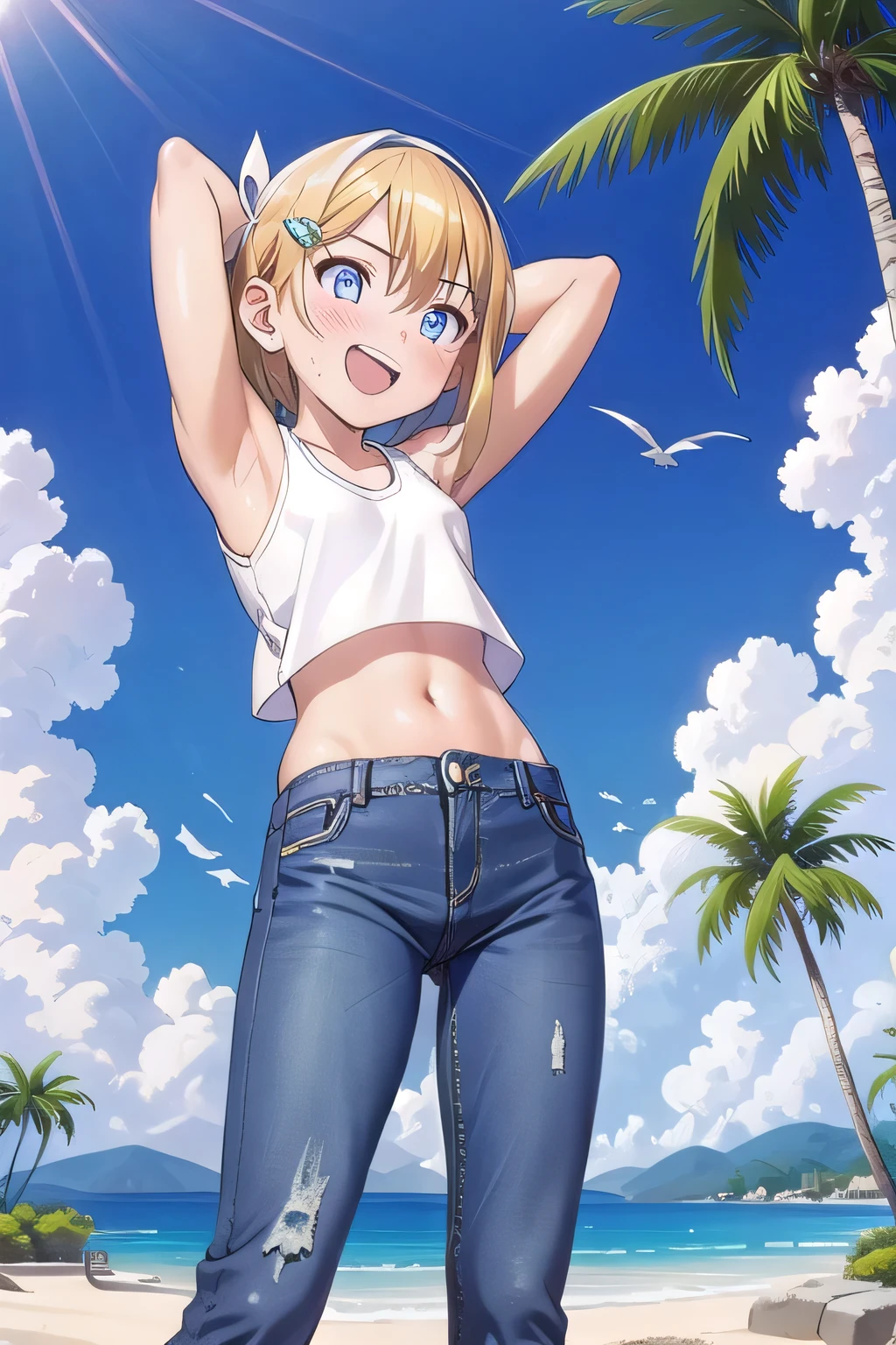 masterpiece,best quality,ultra detail, ((Perfect Face, Perfect Arms, Perfect hands, Perfect Fingers)), 1girl, , petite, ((round face, ecstasy, orgasm face, drooping eyes, shame smiling, blush)), dropping eyes, sleepy, Open mouth, ((White teeth)), background((under the beach, (day:1.2), palm tree, bright sky)), kagamine rin, short hair, blonde hair, floating hair, white hairband, hair bow, white bow, hairclip, swept bangs, blue eye, ((arms behind head, hands behind head, fingers behind head)), ((contrapposto)), spread armpits, looking at viewer,, (white tank top:1.2), (white crop top:1.2), (jeans pants:1.2, flares jeans:1.2, skinny jeans:1.2, blue jeans:1.2), standing, (legs spread:1.4), sex pose, Sweaty crotch, Steam from the crotch, from below, whole body