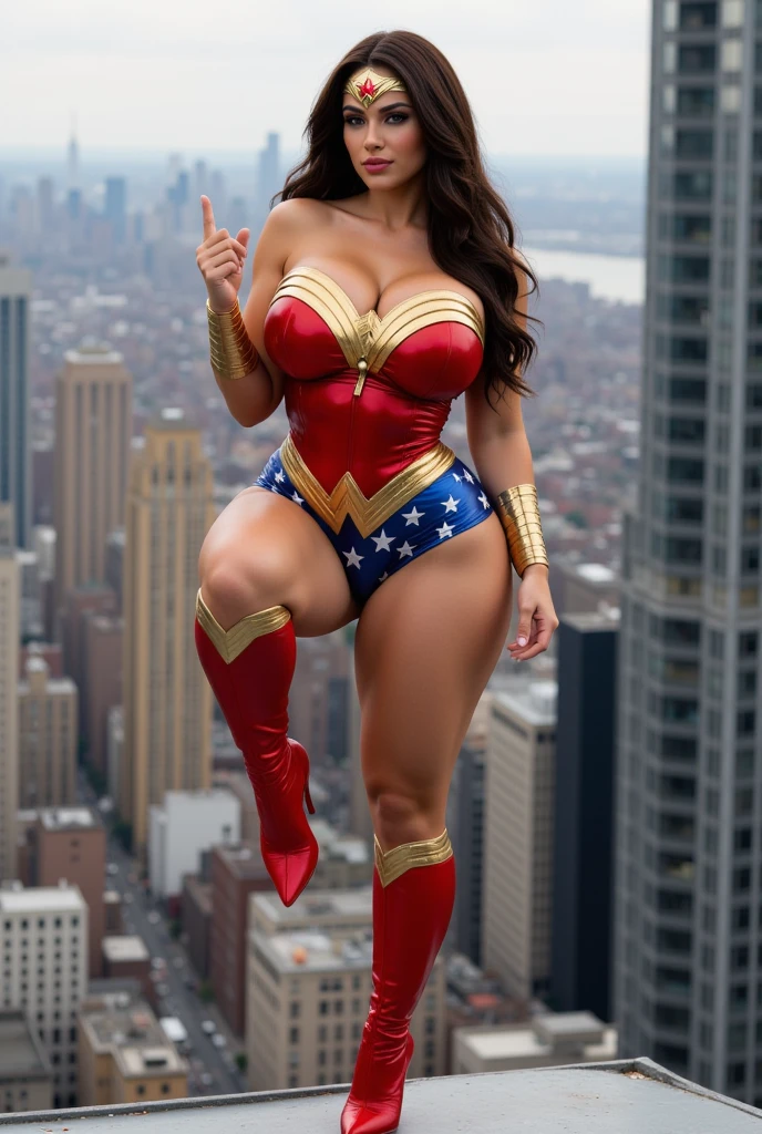Masterpiece, Best quality, (Solo), (1girl), (close portrait), (photorealistic1.4), (epiCRealLife:1.0), (show large breasts), (show cleavage)),, (European model), (young woman), (j4nu4ryj0n3s), (JenniferConnelly90). (wonder2 costume), (black hair), (blue eyes), (leotard), (wonder2 tiara), ((armored bands), (show waists), (make up), (red lipstick), (photoshoot), (spotlight), (daylight), (daytime), (light smile), (flash photography), (on New York Street), (cowboy shots)